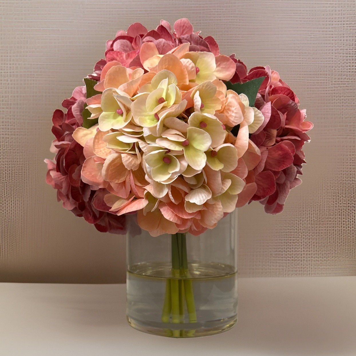 12″ Pink Faux Hydrangea Arrangement Clear Vase OB