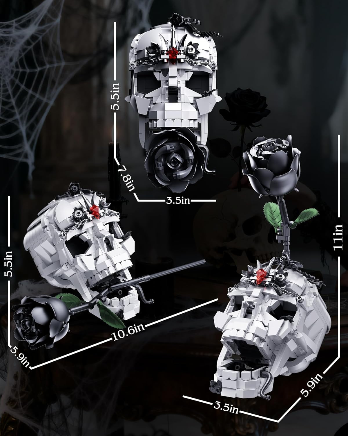 Skull Black Rose Flower Building Set, 3 in 1 Gothic Horror Decor Botanical Artif