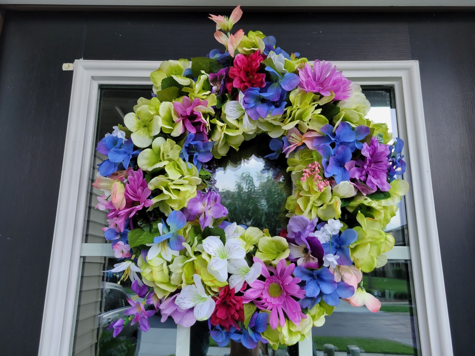FLORAL one of a kind WREATH flowers Decor Front Door 16″ purple blue pink green