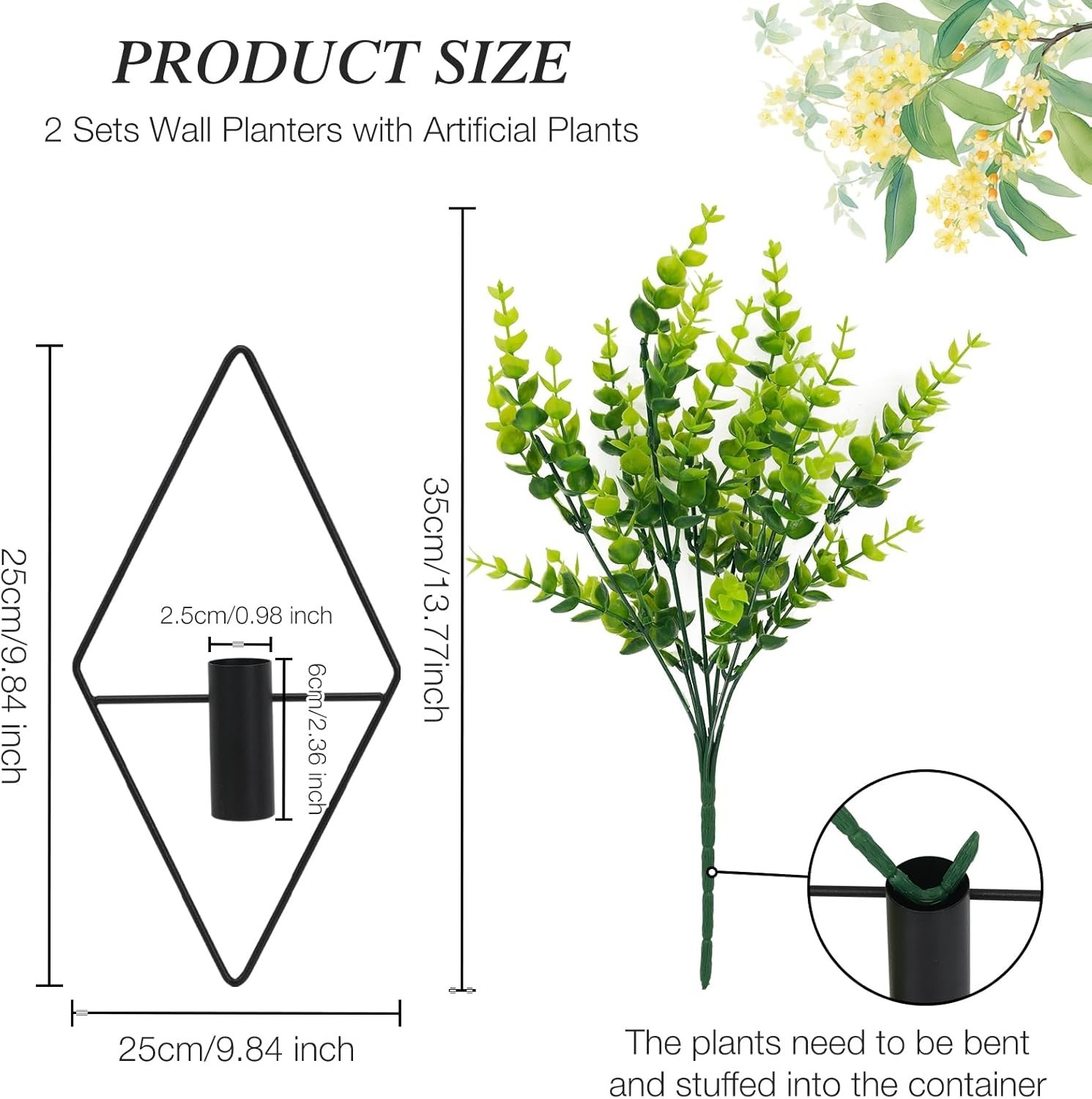 Elegant 3-Piece Geometric Metal Wall Planters with Eucalyptus for Home & Office