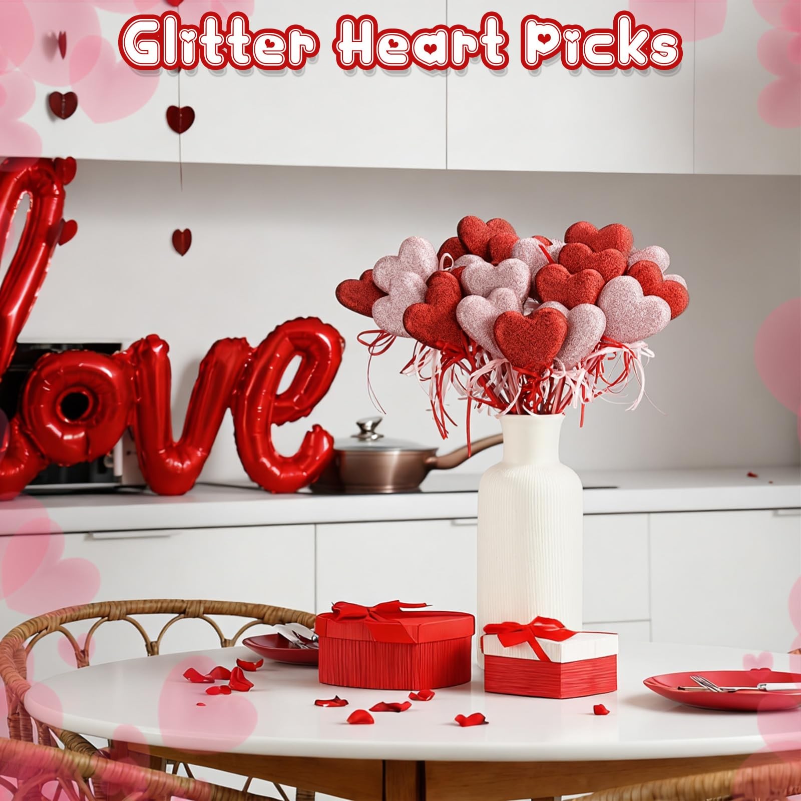 30 Pcs Valentine’s Day Glitter Foam Red & Pink Hearts Picks Puffy Heart Spark…
