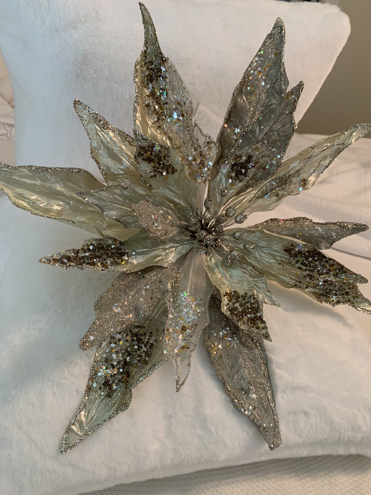 XL 18” Poinsettia Cluster Clip Decor Platinum Jeweled Glitter Christmas Wedding