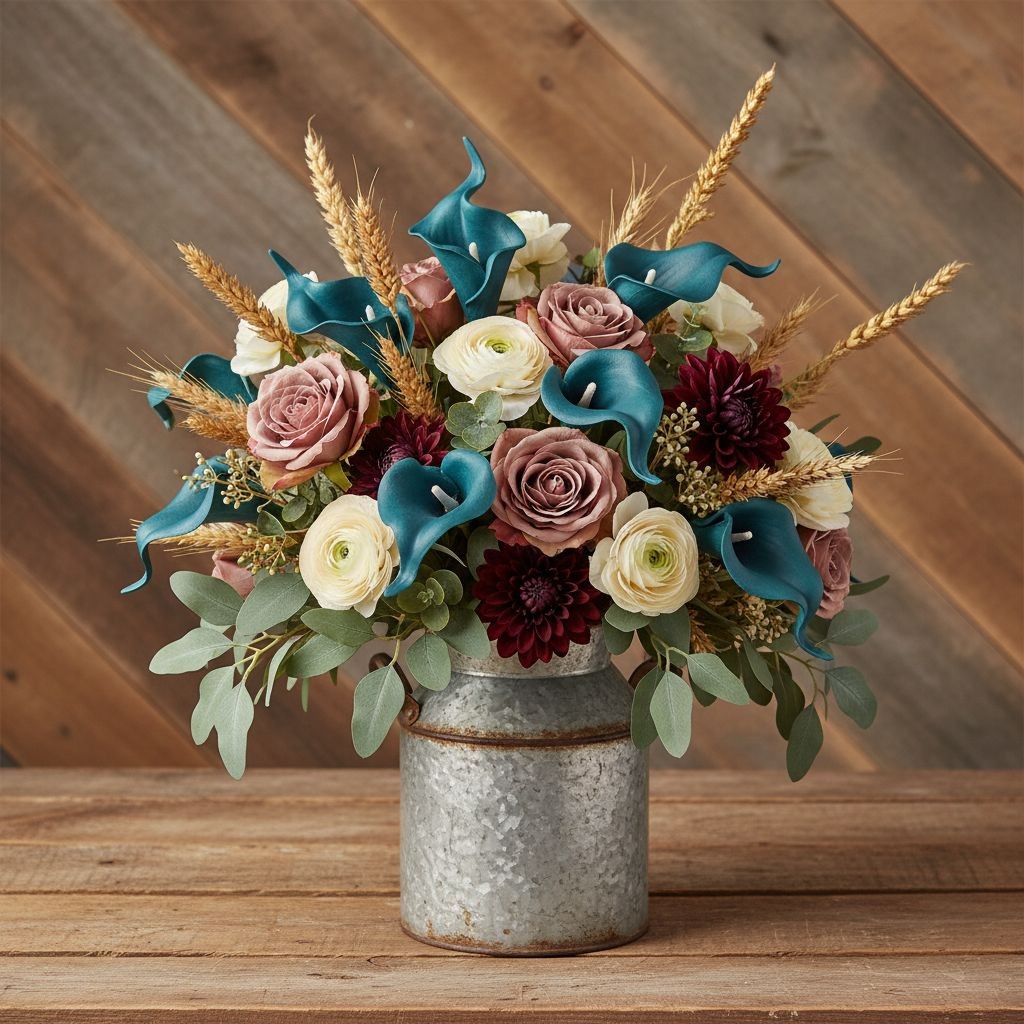 Teal Calla Lily Stems Faux Floral Bouquet Peacock Blue Flowers 5 Stem Bunch Mode