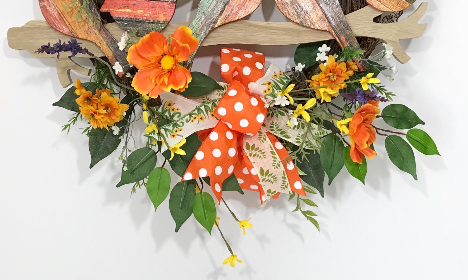SPRING WILDFLOWERS GRAPEVINE WREATH BIRDS ON LIMB SUMMER ORANGE YELLOW FLORAL