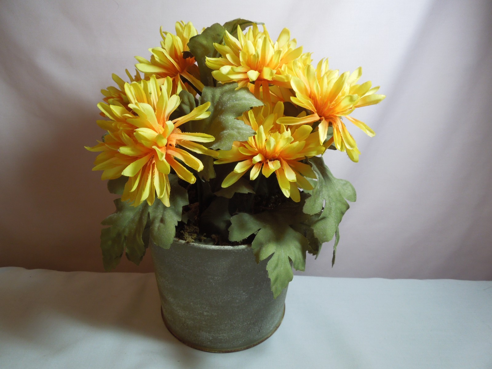 Fall Decoration Artificial Mums in a Rustic Pail with Raffia on Handle