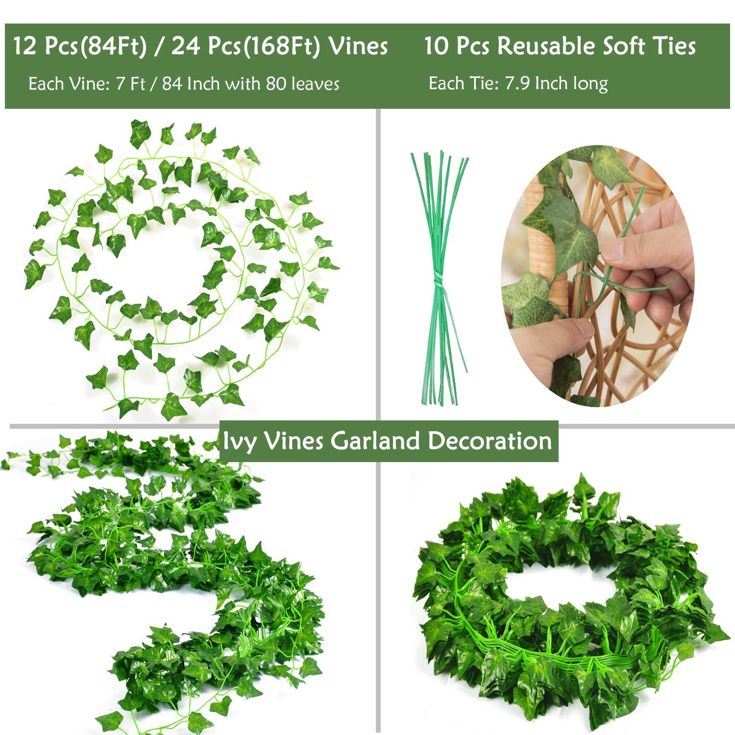 168 Ft 24 Strands Fake Ivy Leaves Artificial Ivy Garland Greenery Decor Faux …