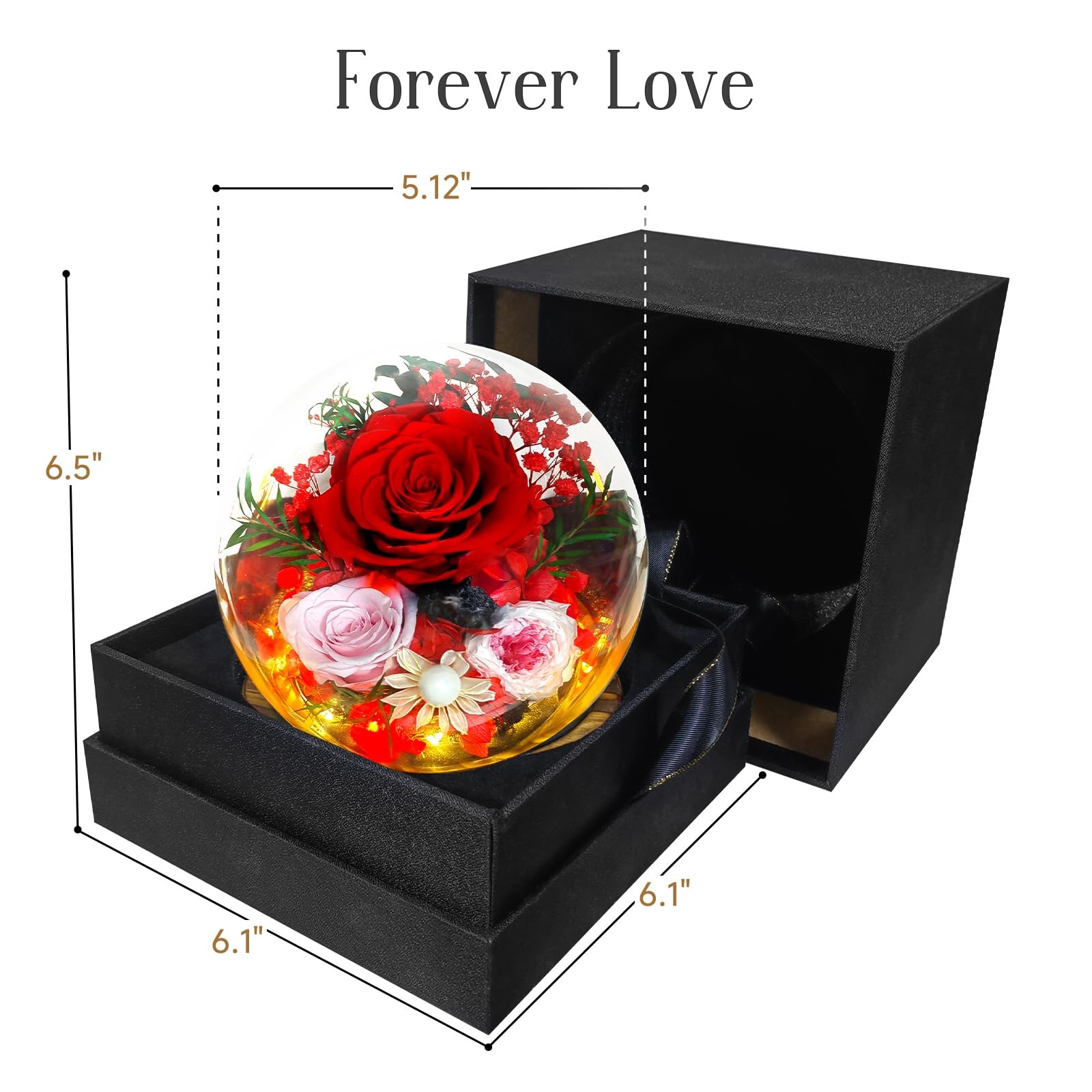 Preserved Red Roses in Glass Dome – Eternal Flowers, Forever Roses with LED L…