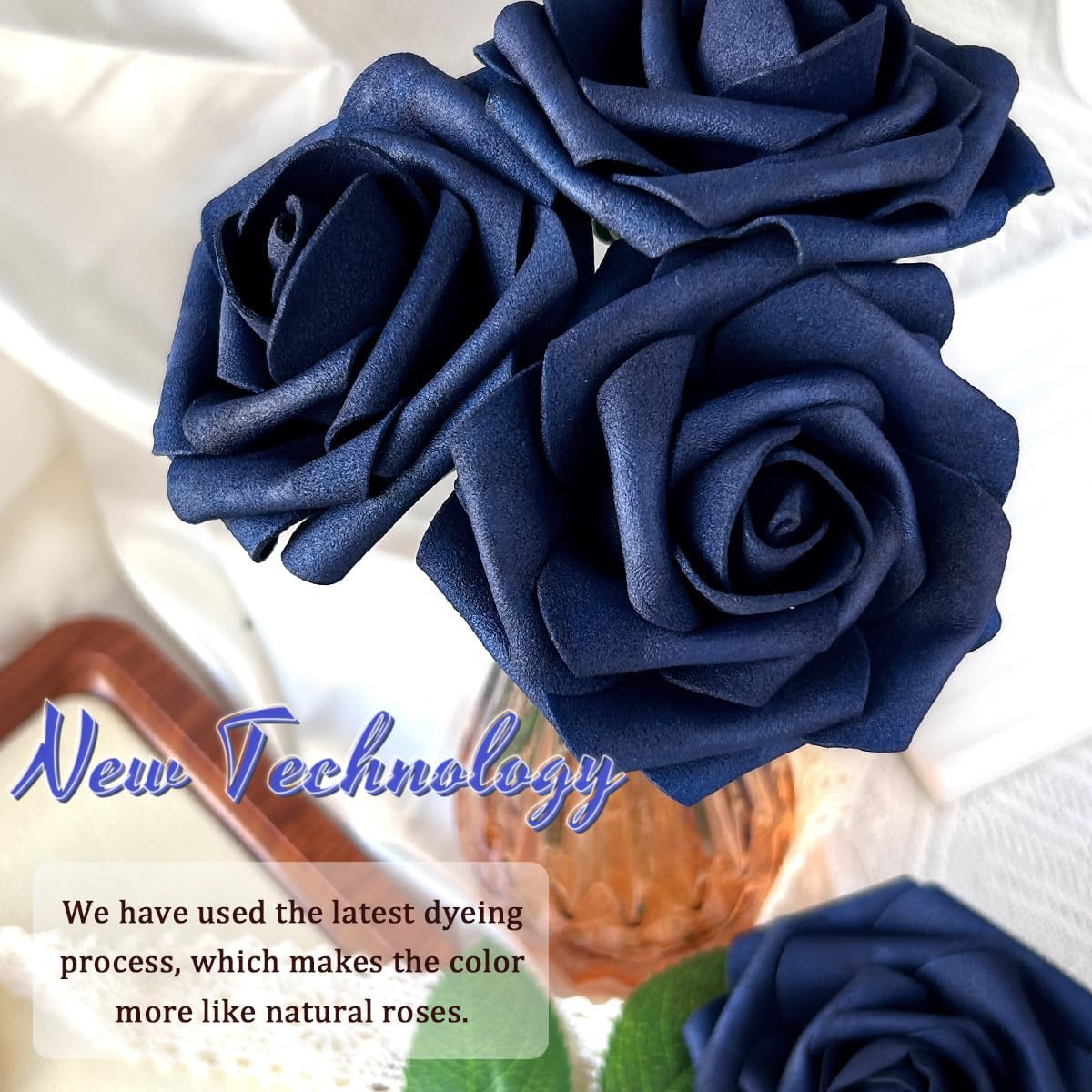 25pcs Navy Blue Artificial Flowers Decorations, Real Touch Foam Fake Rose with S