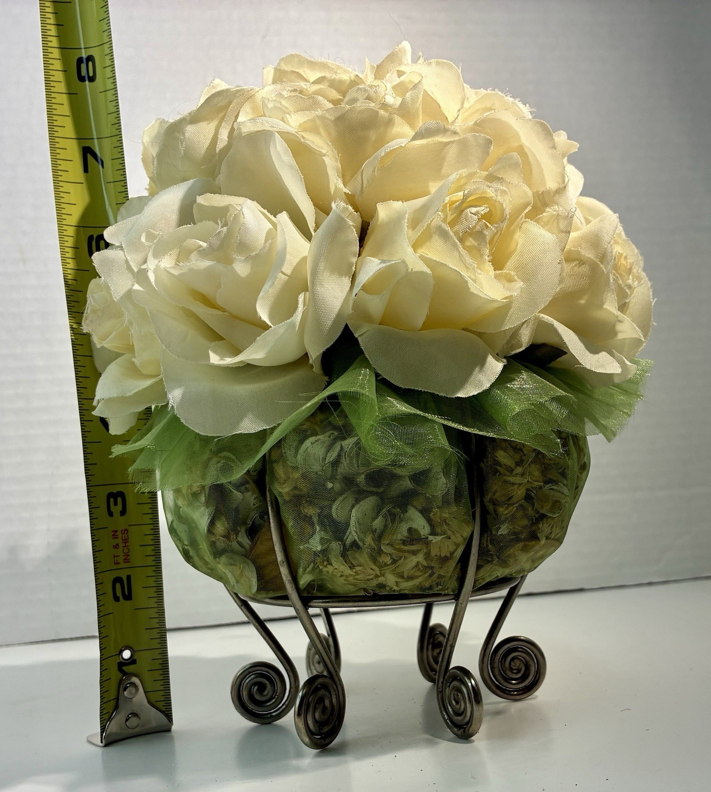 Vintage Shabby Chic Cream Fabric Rose Potpourri Topiary with Scroll Wire Stand