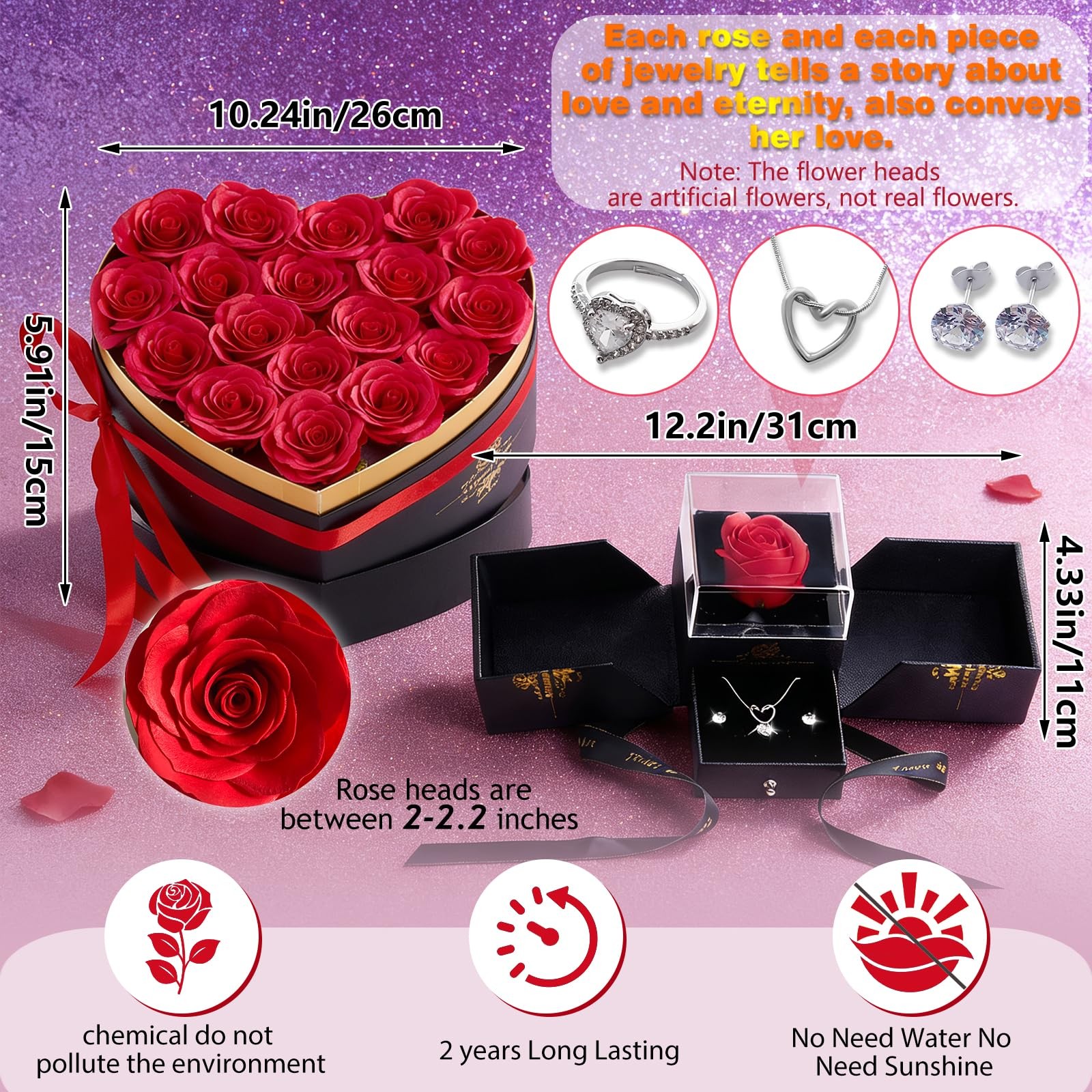 Artificial Forever Preserved Flowers & Preserved Roses with Necklace Ring Ear…