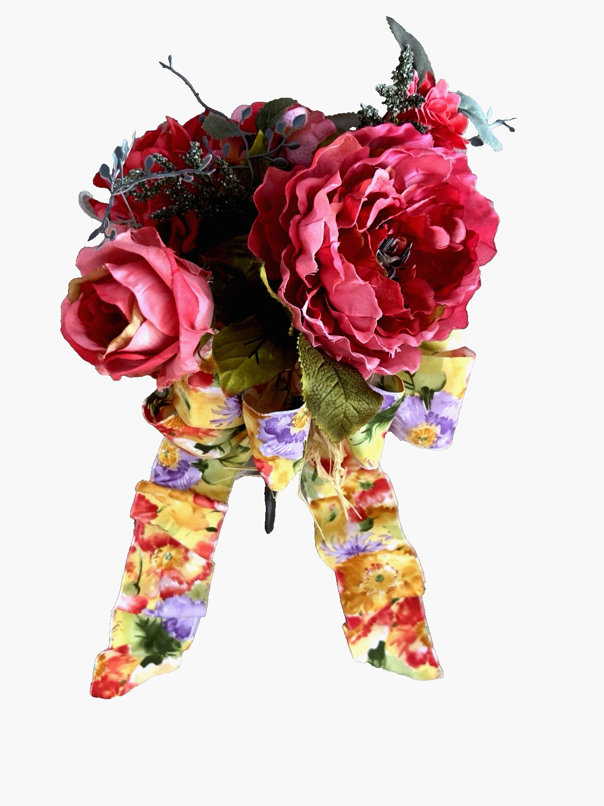 SPRING Flower BOUQUET Handmade Bow Coral Red Yellow Purple Peony Rose Zinnia