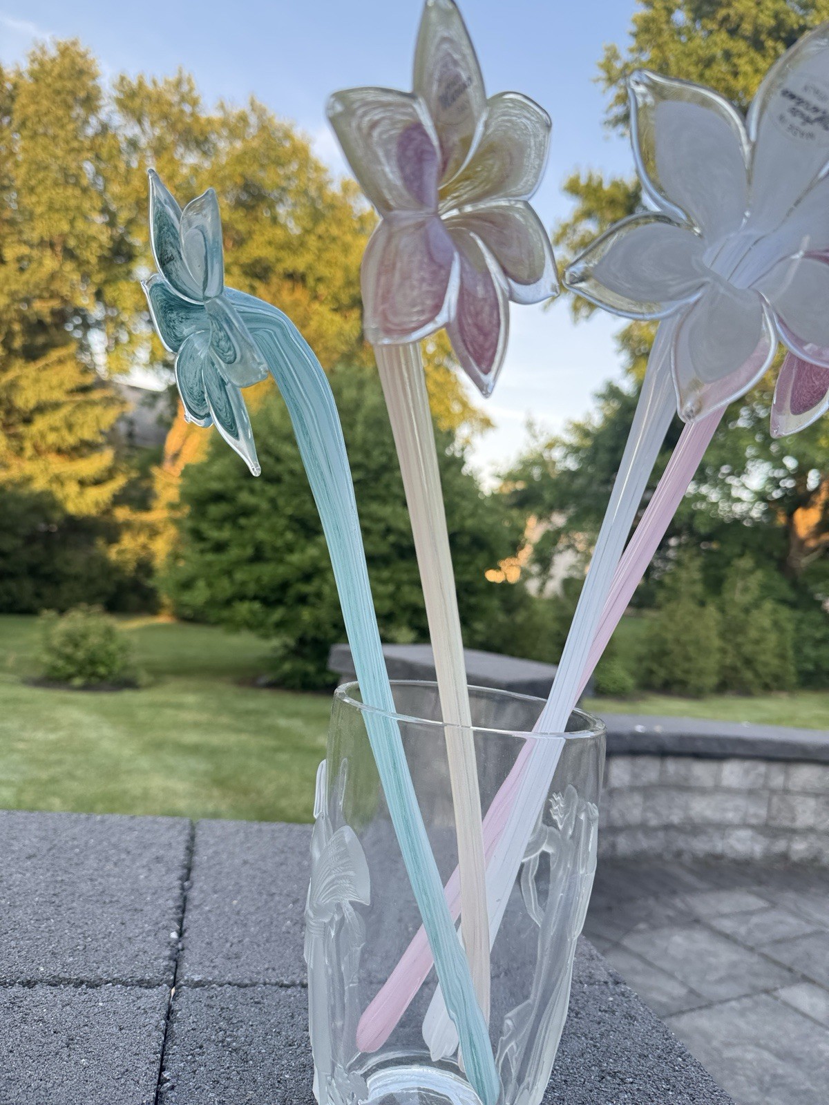 Arte Murano Italy Art Glass Flower Stems Hand Blown White Pink Blue 17.5″~4 Pc