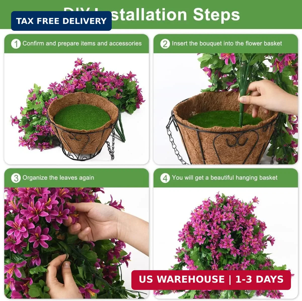 INQCMY Artificial Hanging Flowers in Basket for Spring Summer Outdoor Porch Deco