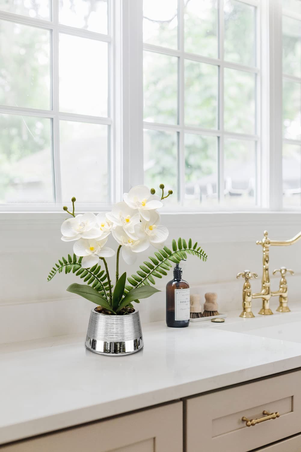 White Orchids Artificial Flowers Silver Pot Faux Phaleanopsis Fake Centerpiece