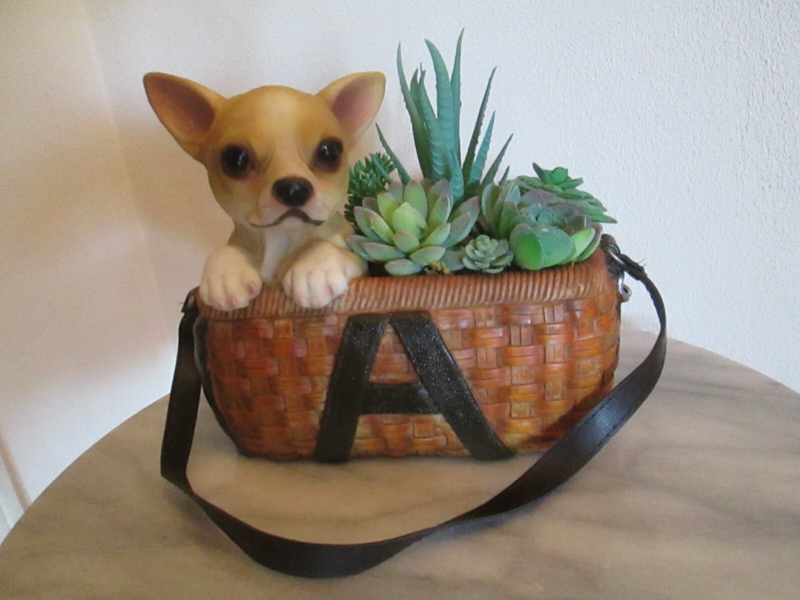 Chihuahua Dog Planter w Faux Succulents Ceramic Basket 7″ x 8″ room Decor