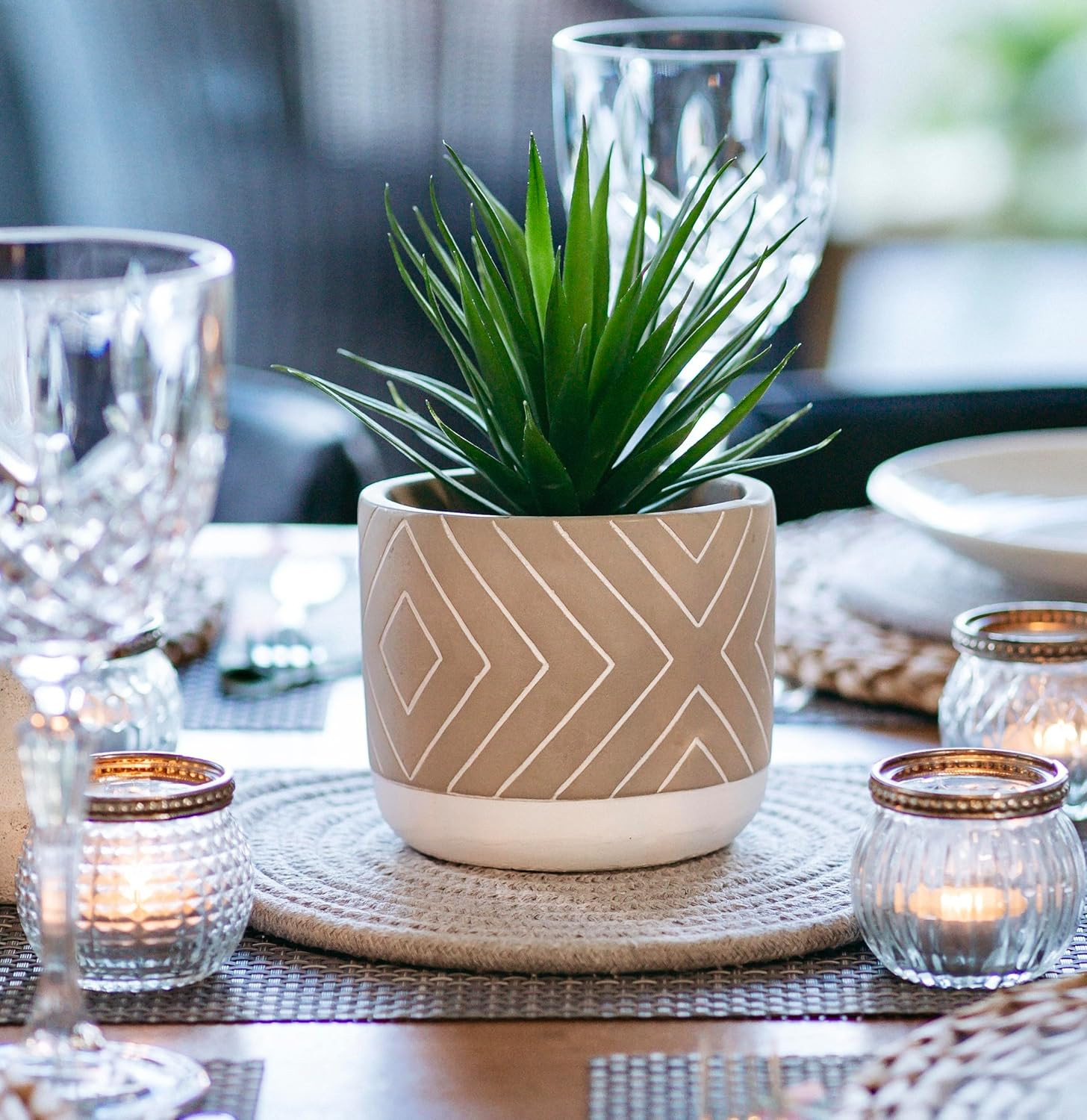 Desk Plant | 8″ Small Artificial Plants in Pots | Handmade Cement Pot with Small