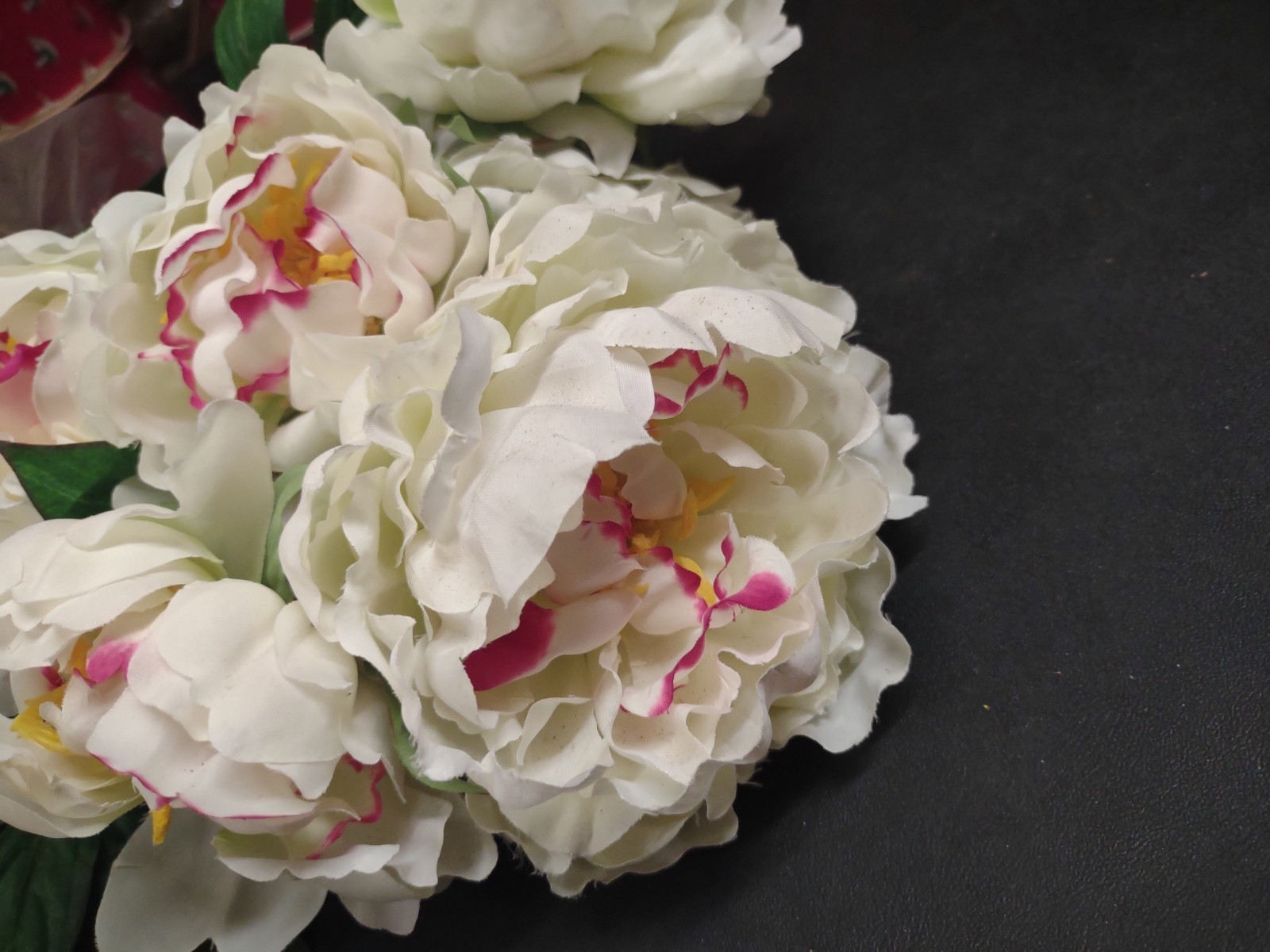 Realistic Silk Peony Bush 21″, Festiva Maxima Peonies, 7 Blooms White Variegated