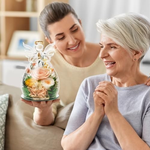 Gifts for Mom Birthday Gifts for Women, Preserved Rose in Glass Angel Figurines,
