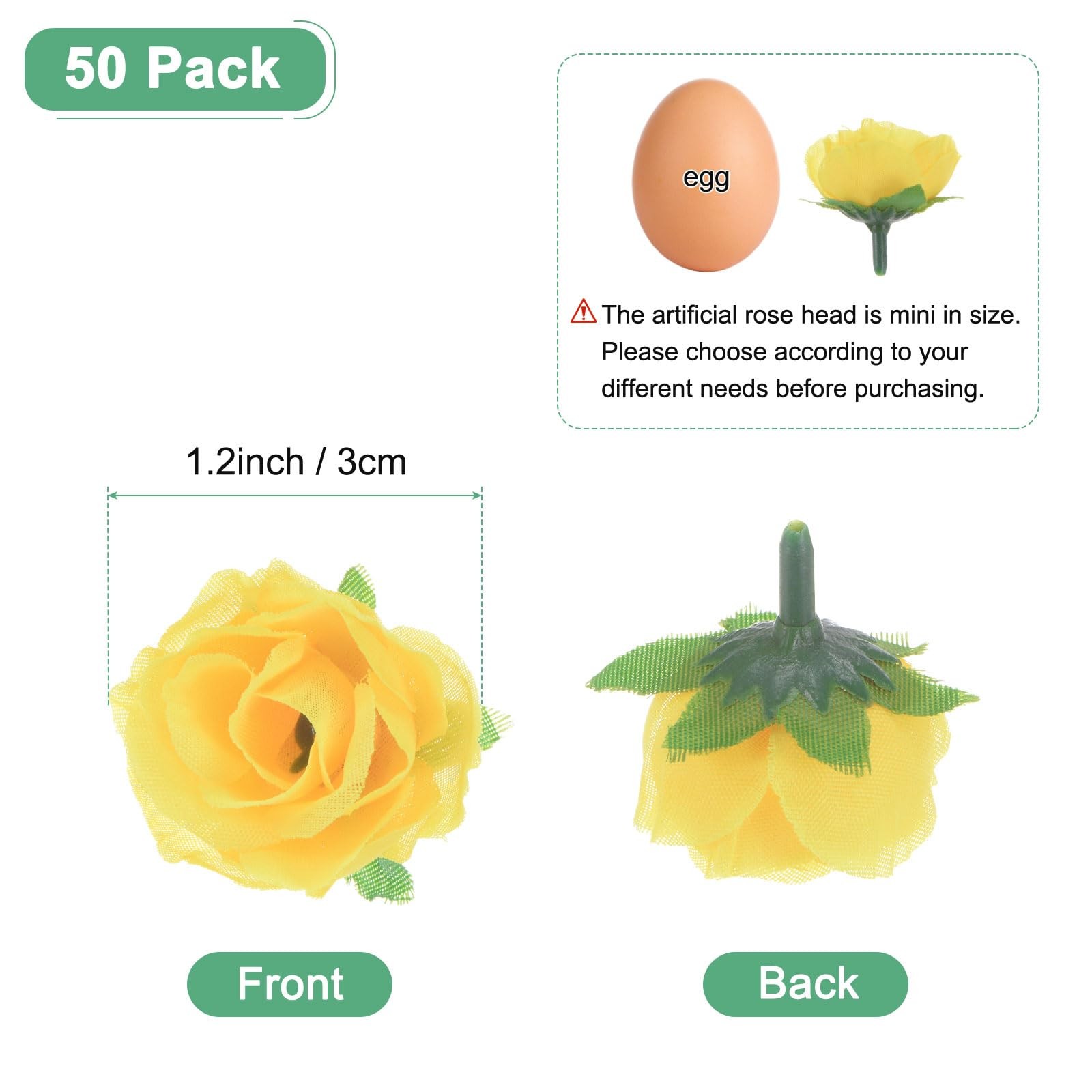 Yellow Small Silk Faux Rose Heads Artificial Bloom Flower Buds 50 Pack