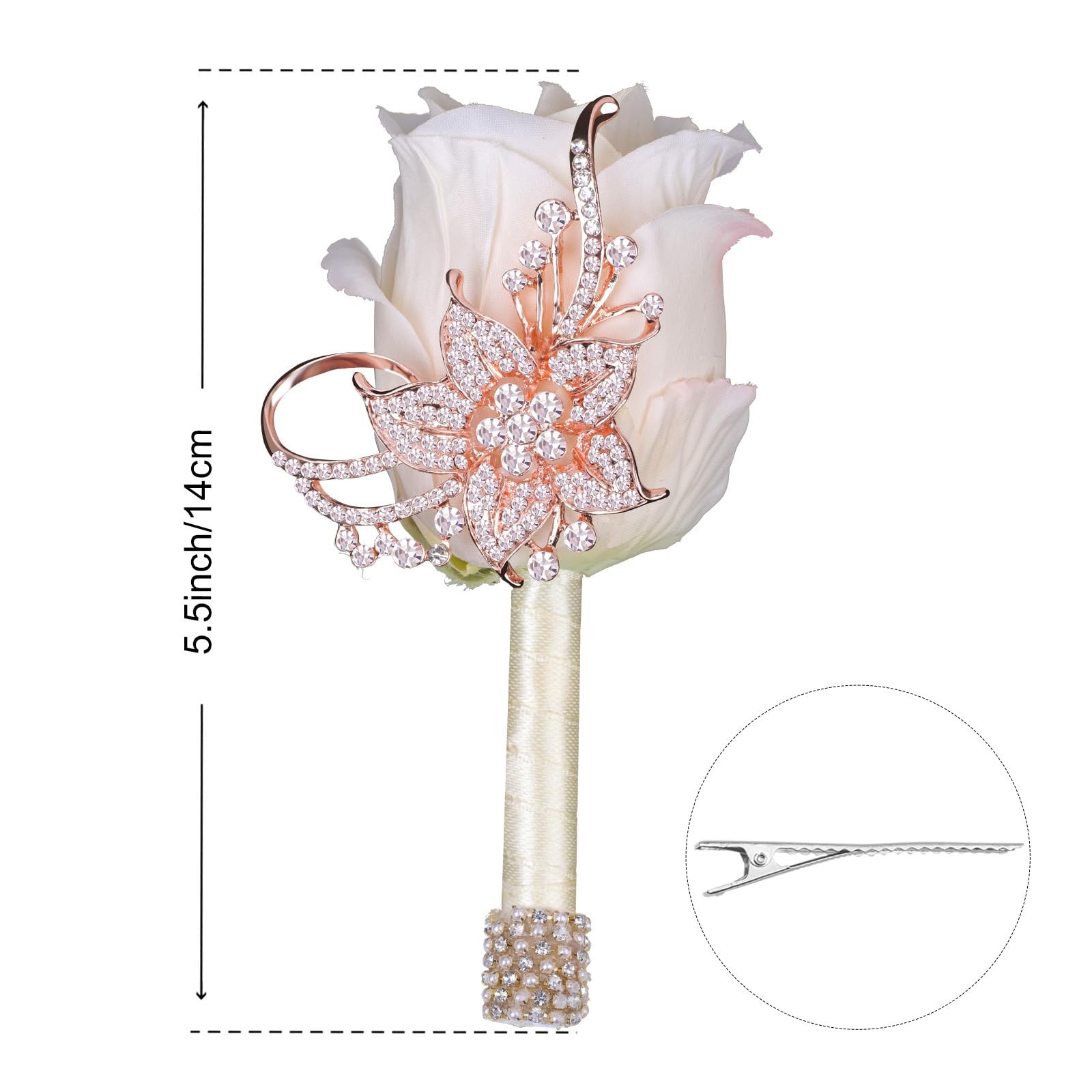 Bling Boutonniere Men Wedding Pocket Pins Groom Suit Artificial Rose Ivory