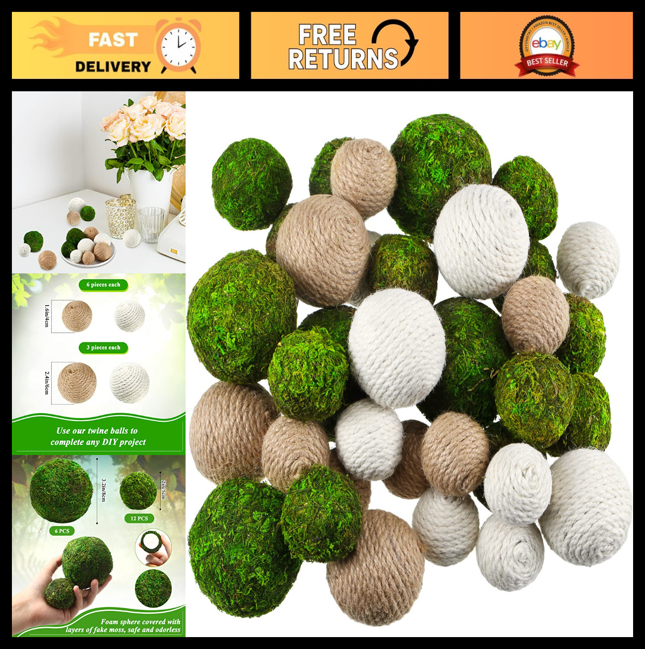 36 Pcs Decorative Moss Balls for Centerpiece, Handmade Twine Bowl Filler, 4 Size