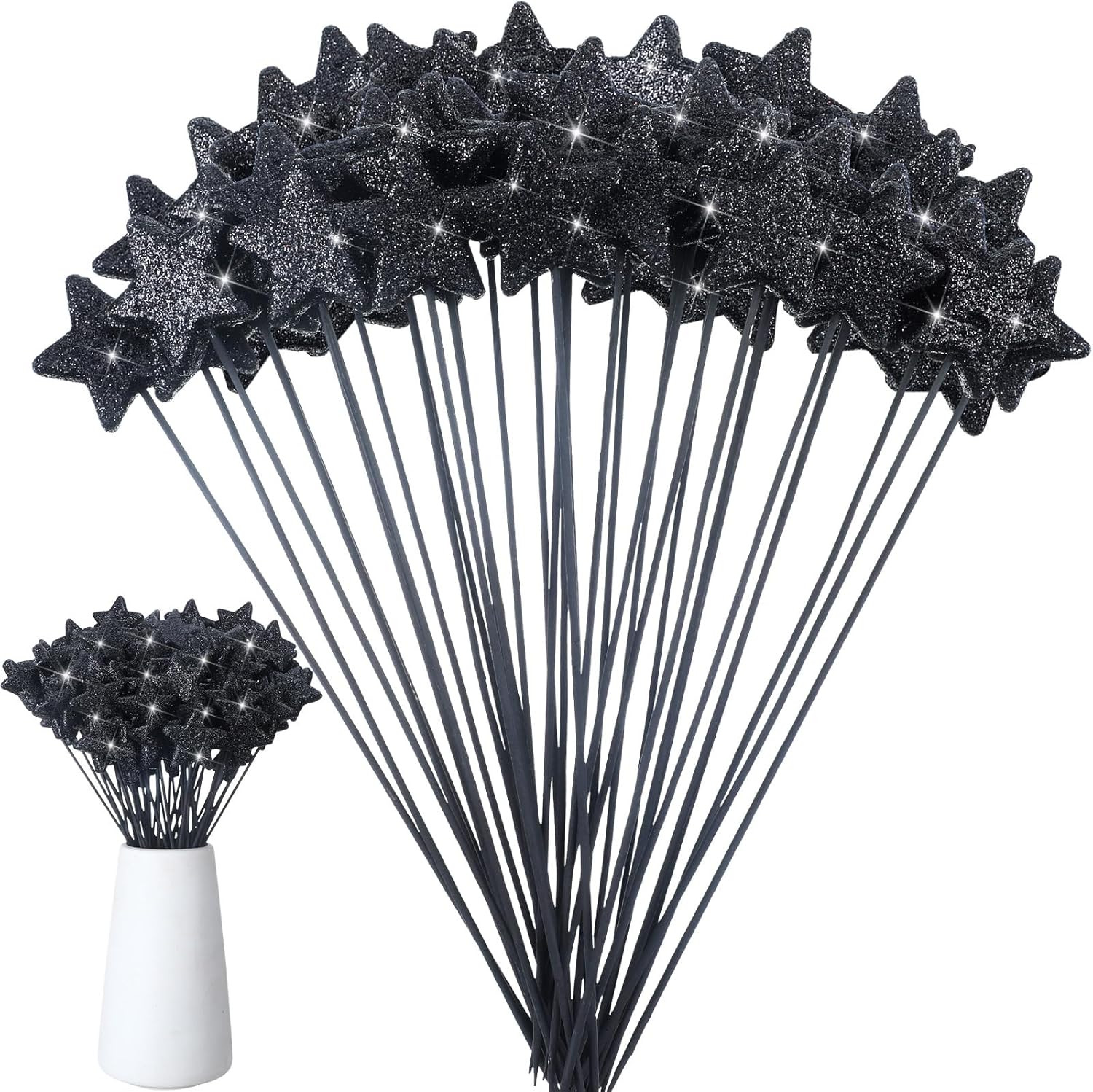 60 Pcs Black Star Floral Picks 8” Glitter Star Centerpiece Table Decor Black Cr