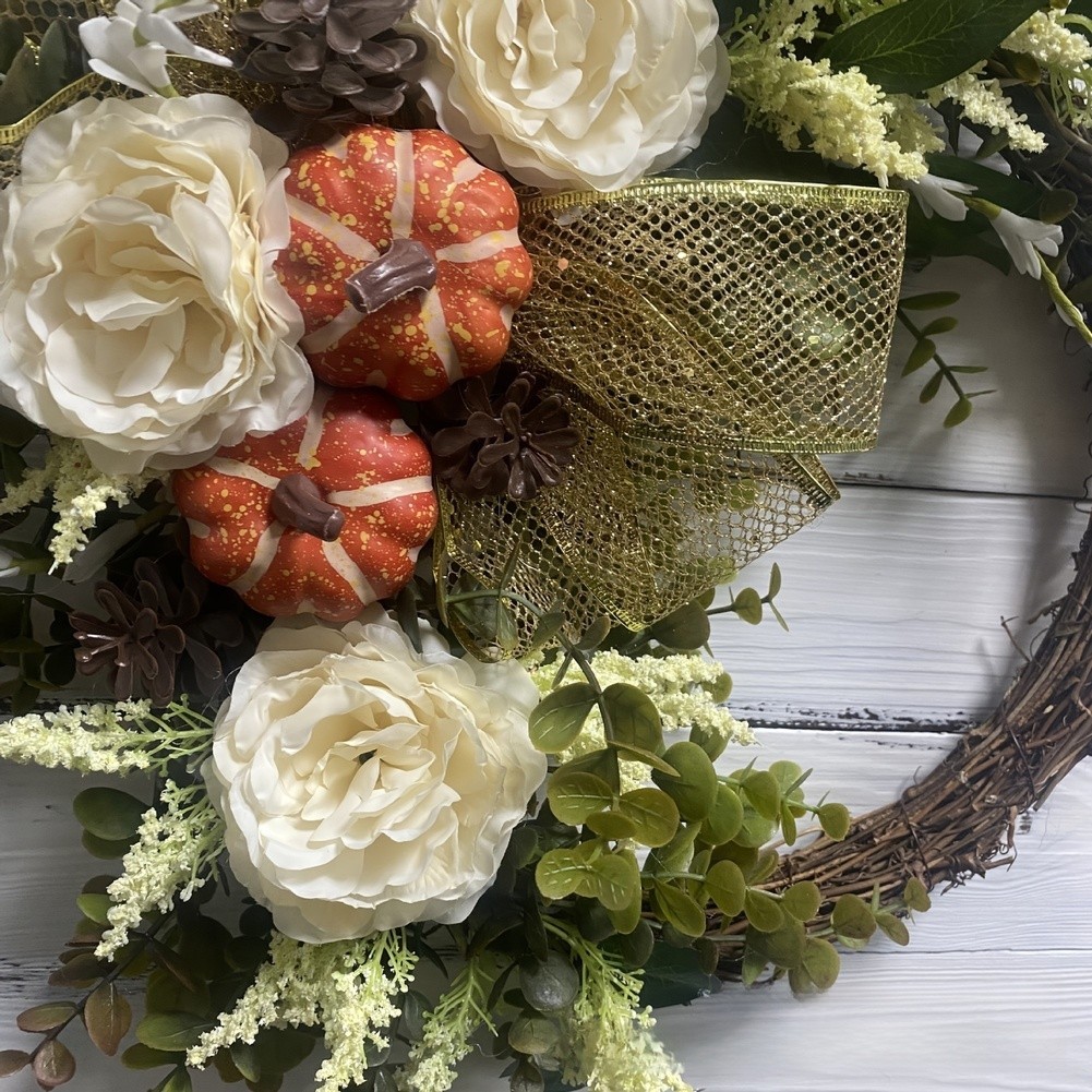 Autumn Wreath with Pumpkin Maple Leaf Eucalyptus Berries for Indoor Outdoor Use