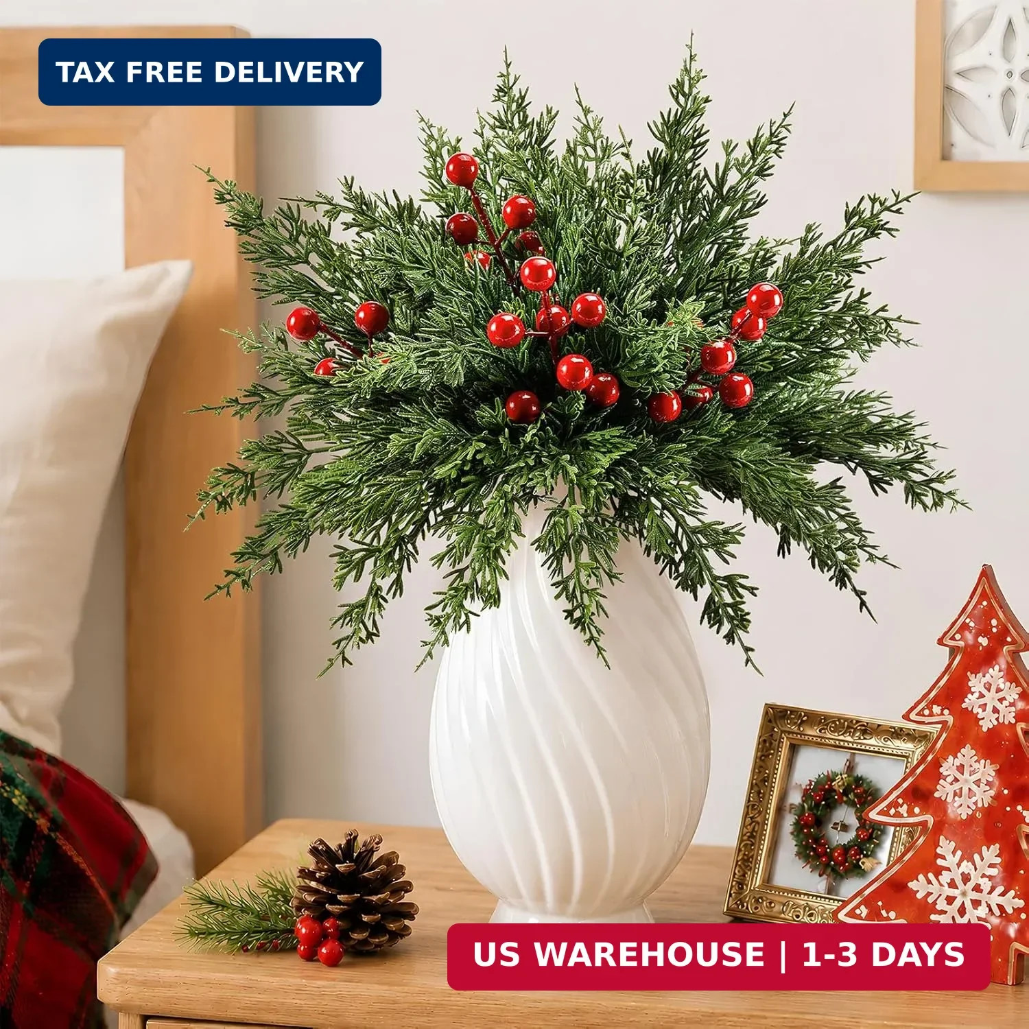 45Pcs Artificial Pine Branches with Red Berry Stems,Christmas Faux Green Cedar S