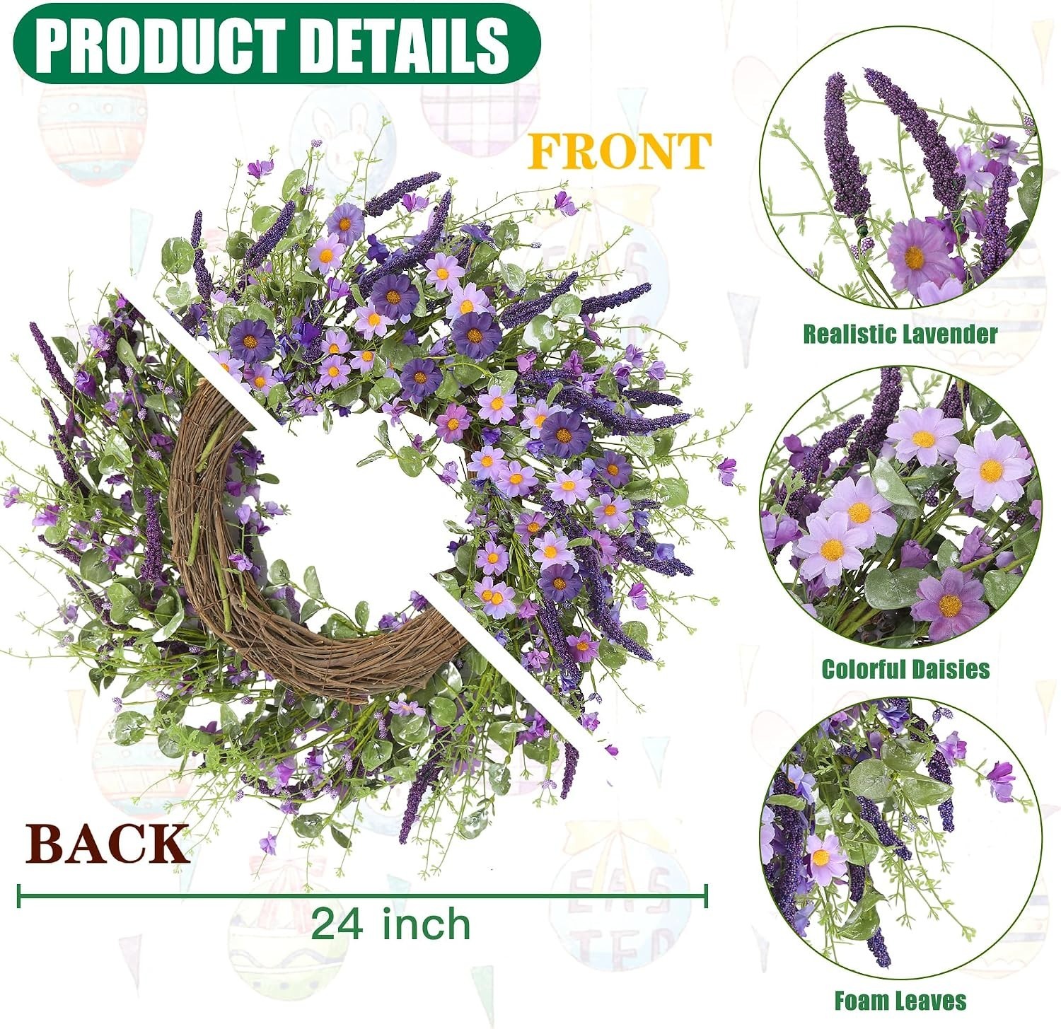 Handmade 24-Inch Purple Daisy and Eucalyptus Wreath – Perfect for All Occasions