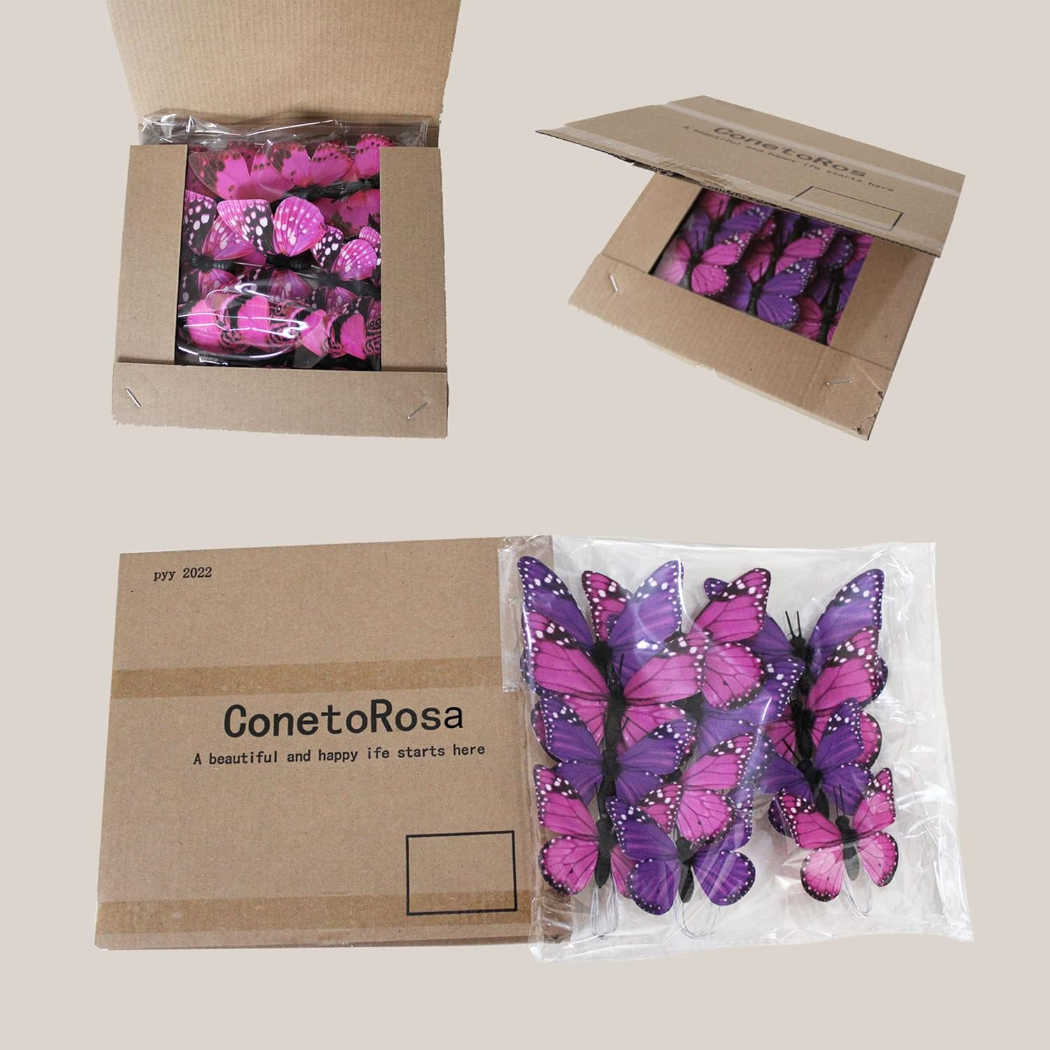 Butterfly Decor 12PCS 2Sizes, 3D Faux Butterflies (Lavender) | Poseable Fabric W