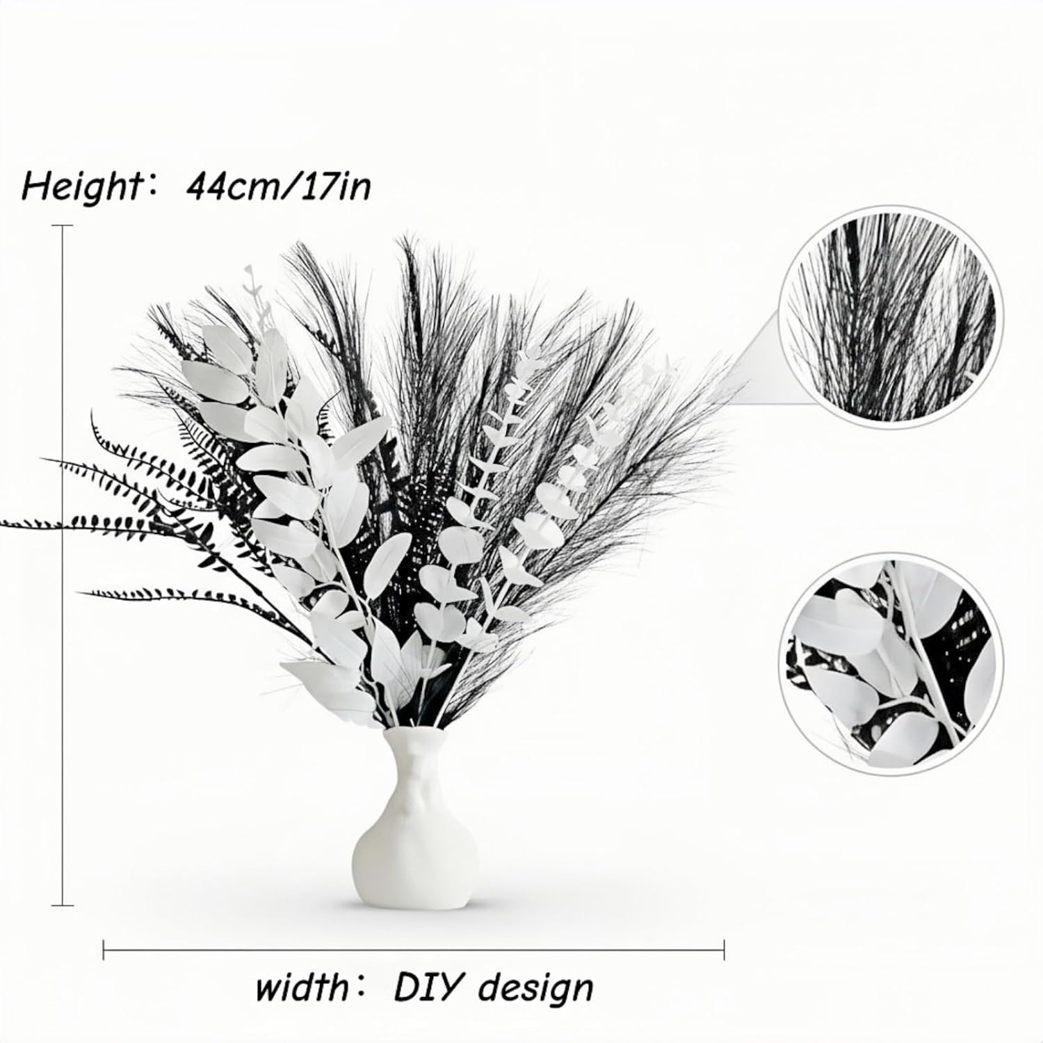 Black and White Artificial Bouquet – 17″ Eucalyptus Leaves and Pampas Grass, for