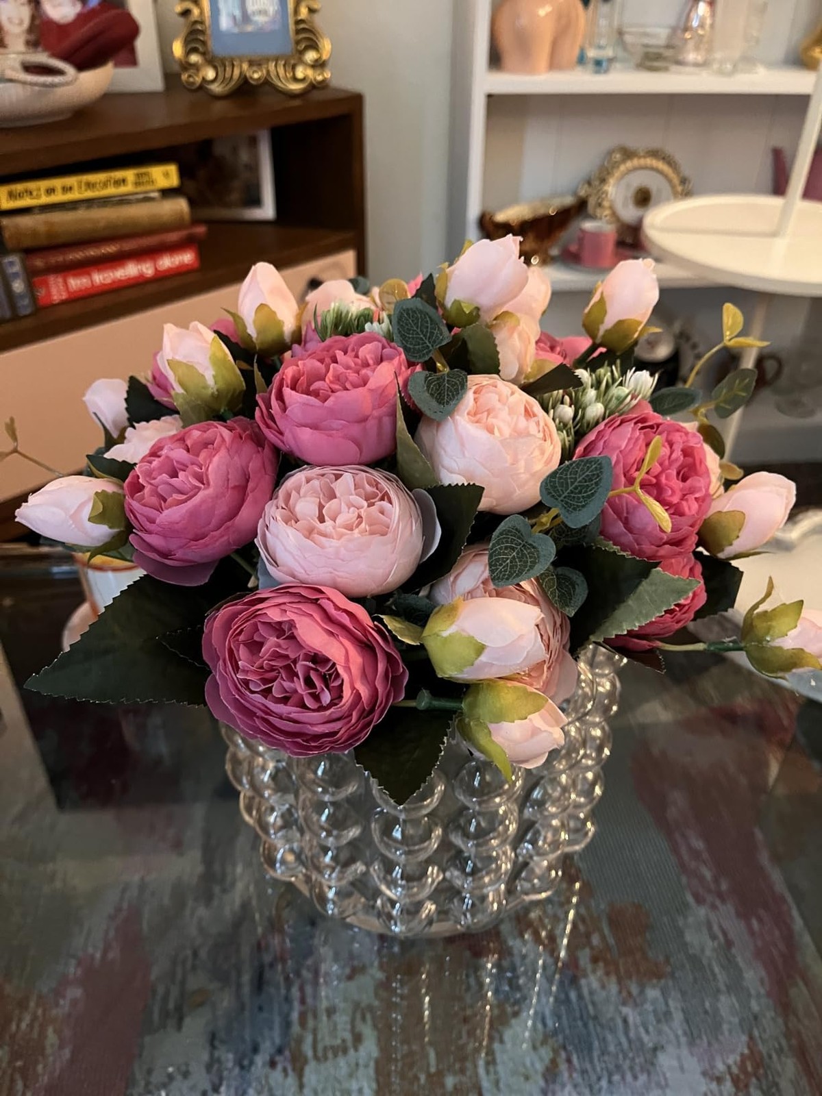 4 Bundles Artificial Peony Silk Bouquet Rose Red Pink Fake Flowers Bulk Decor