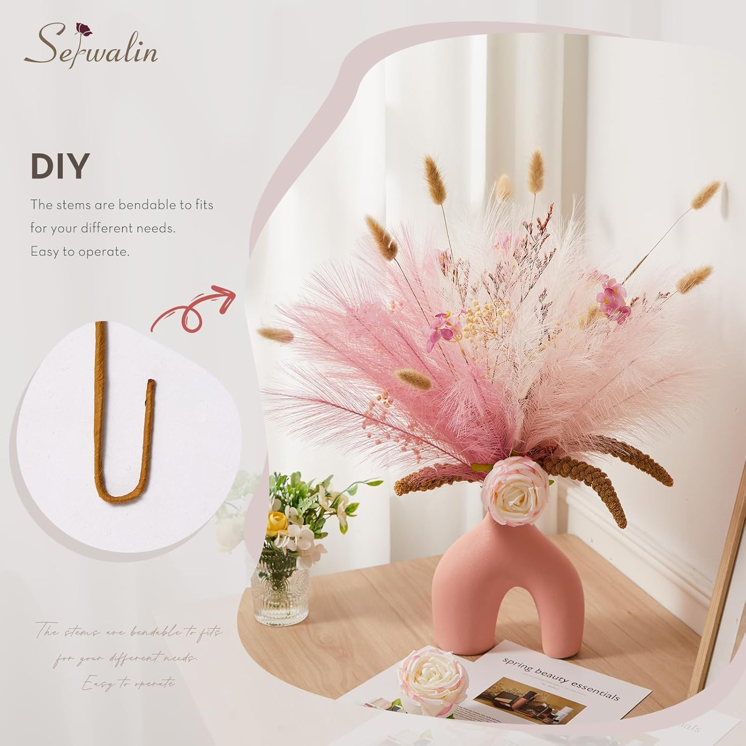 60PCS 17.7″ Pink Pampas Grass Boho Feathers Decor for Home Decor | Artificial Fa