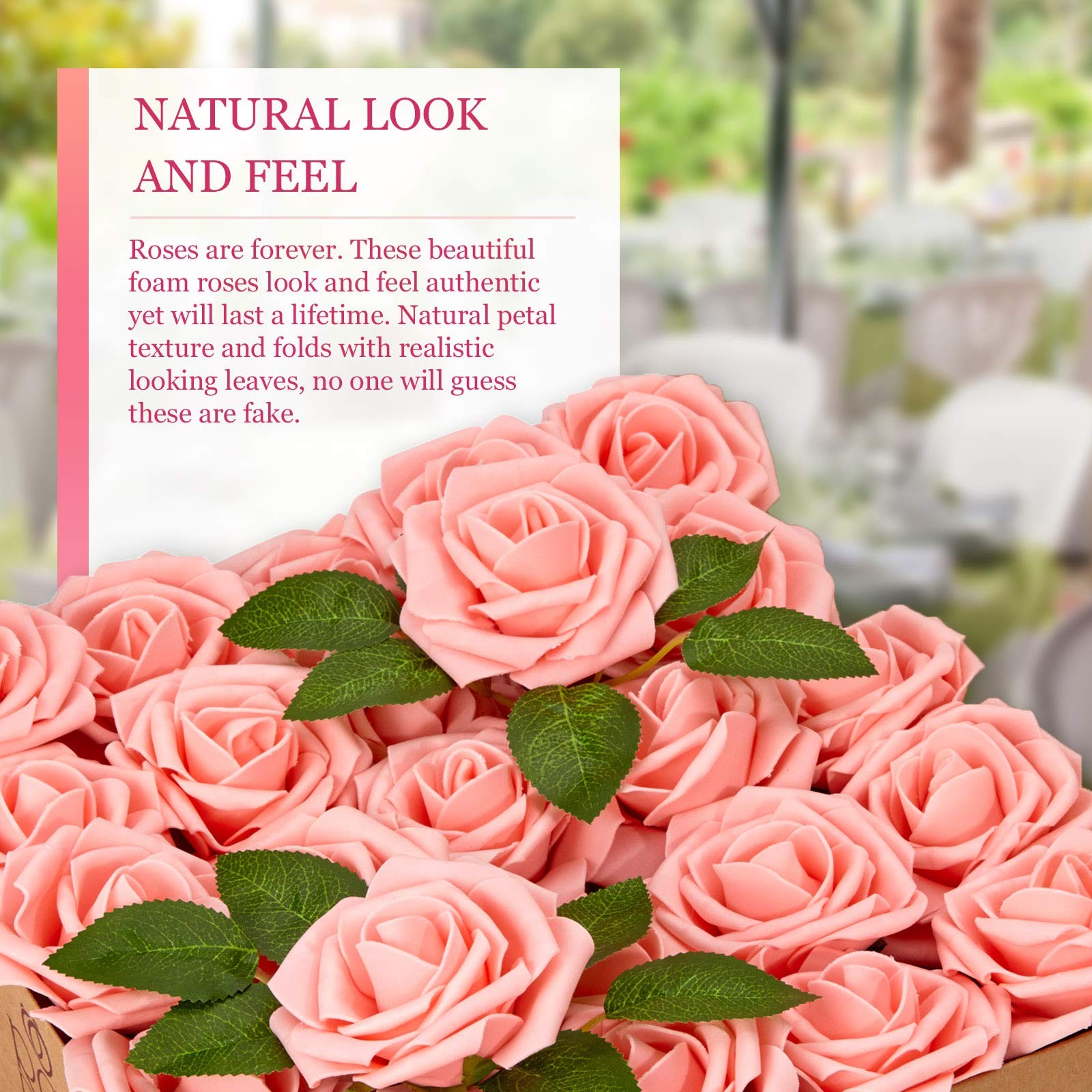 Artificial Peach Pink Foam Roses with Stems & Leaves – Pack of 50, Perfect fo…
