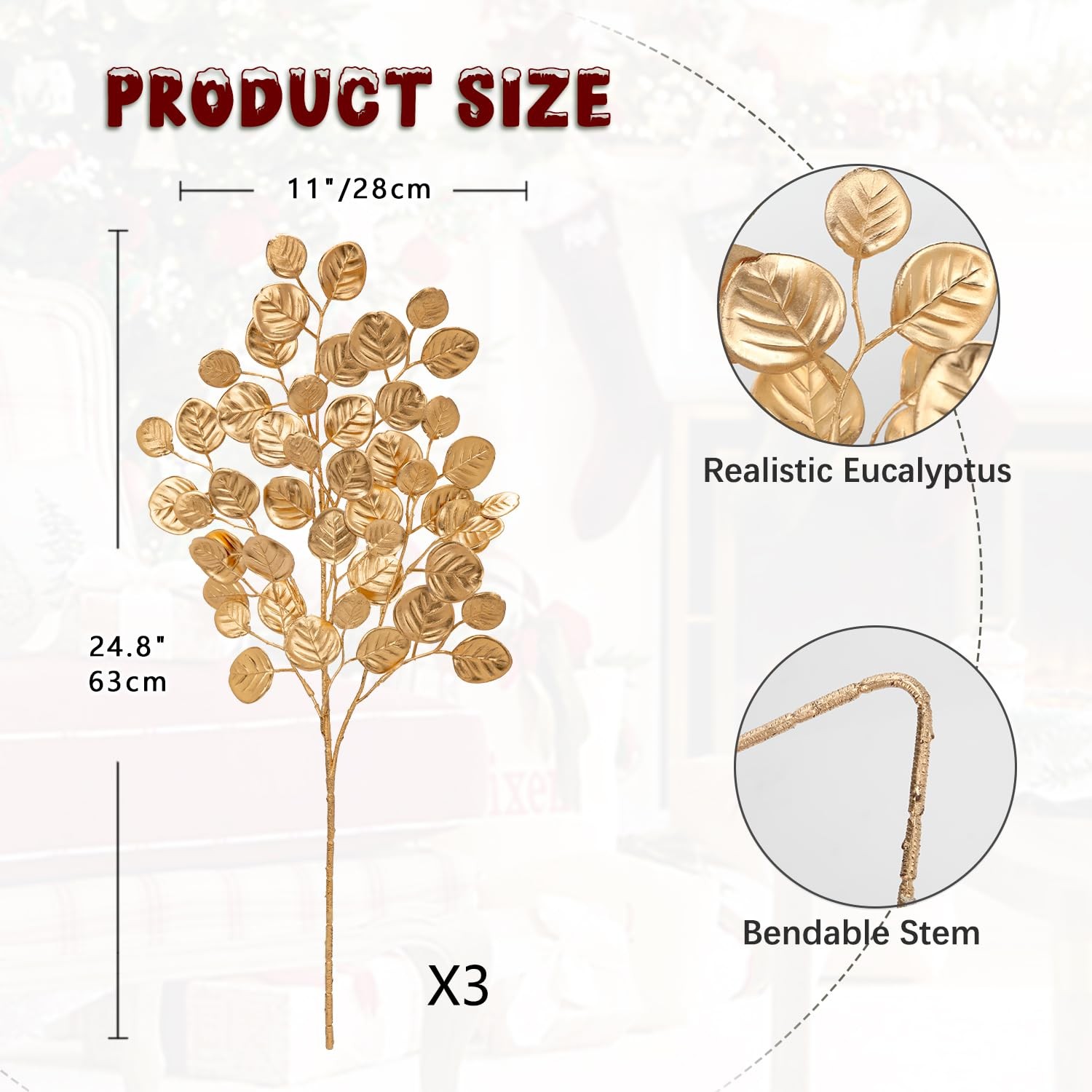 24.8” Christmas Tree Picks and Sprays 3Pcs Golden Artificial Eucalyptus Stems…