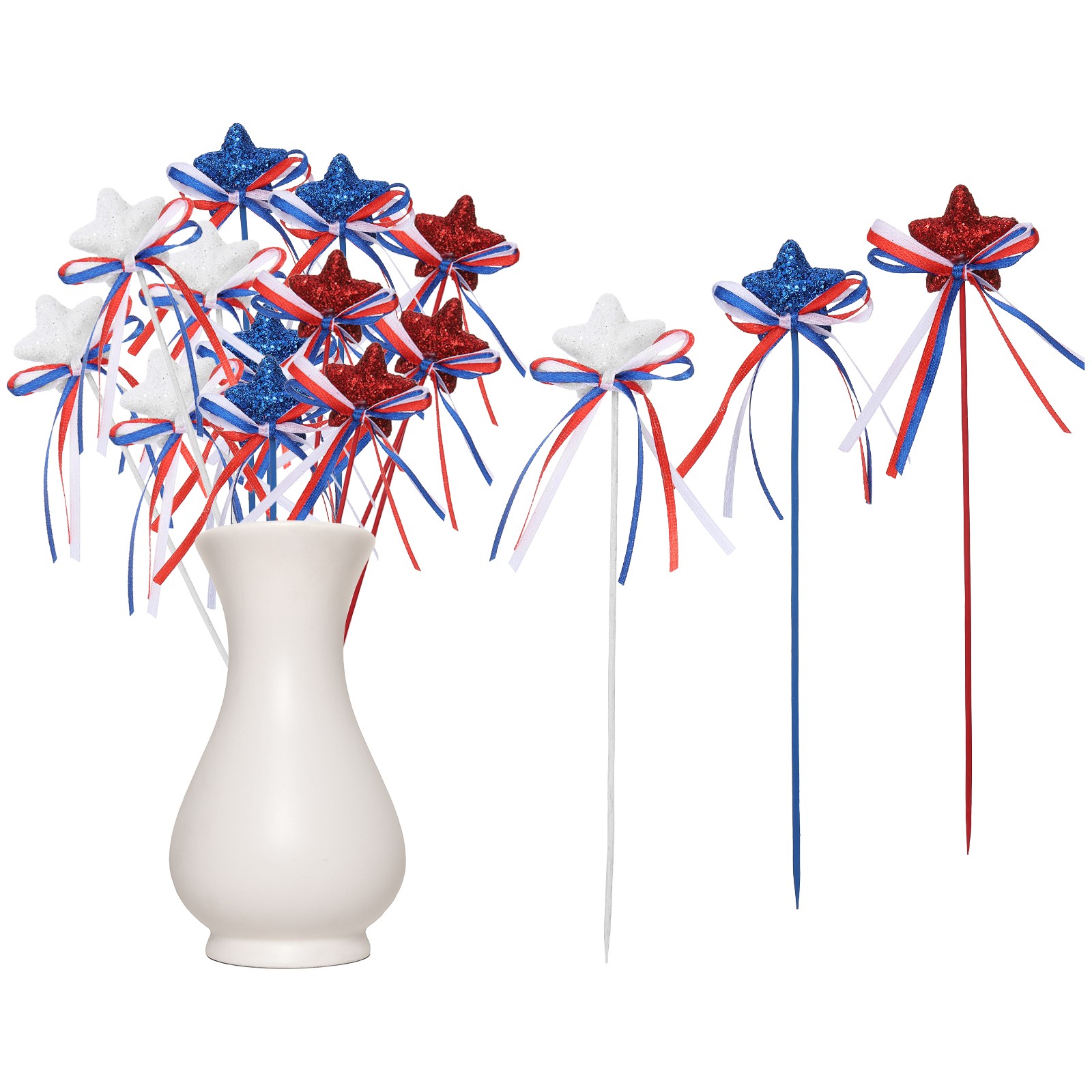 24 Pcs 8″ 4th of July Glitter Star Picks with Bowknot (White/Navy Blue/Red)