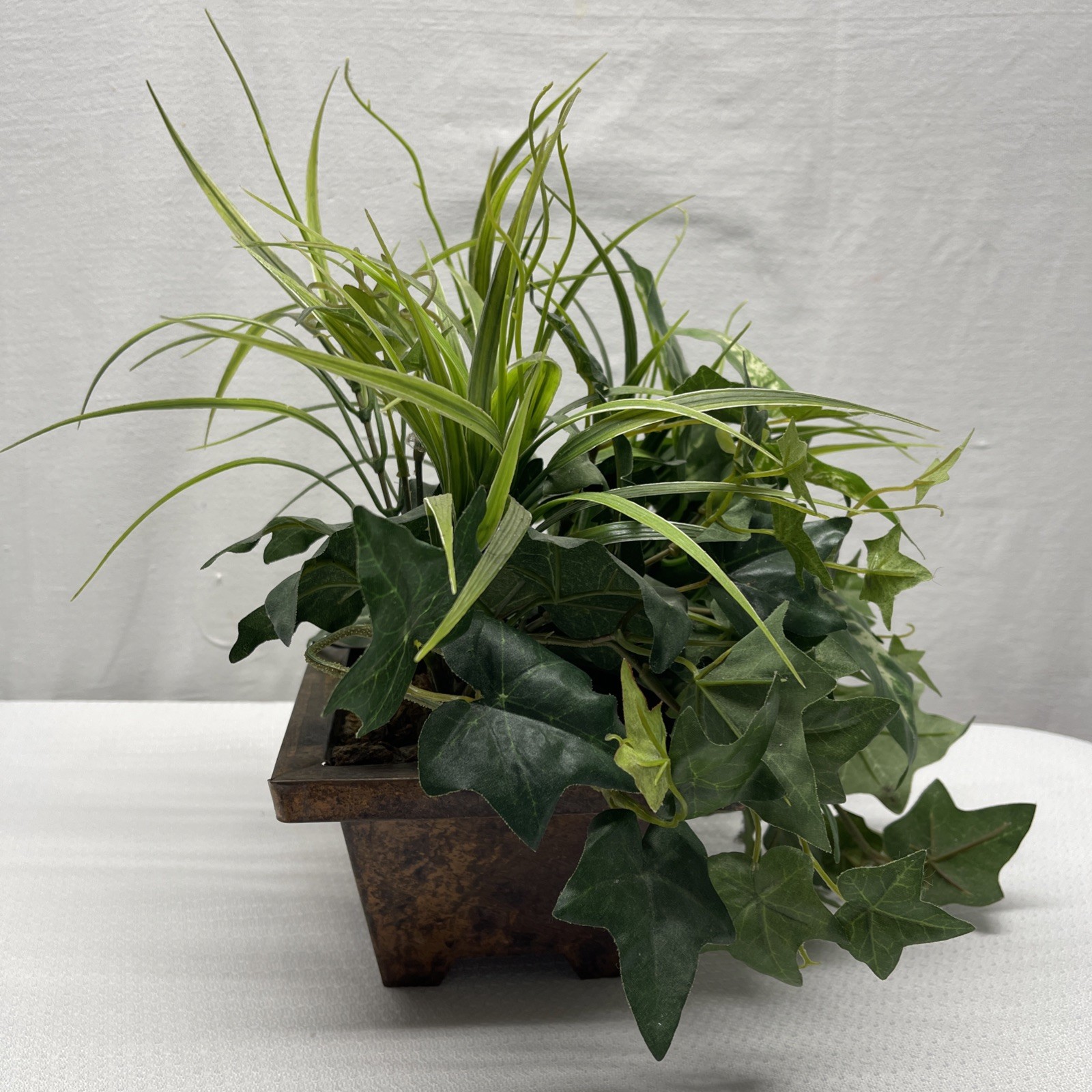 Artificial Indoor Mixed Plants Faux Copper Square Planter Pot 13″ Tall 15″ Wide