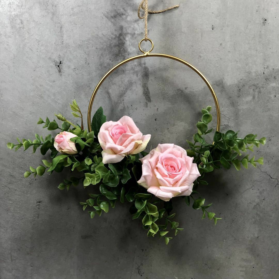 Floral Hoop Wreath Rose Flower Leaves Metal Hoop Ring Garland Wedding Home Decor