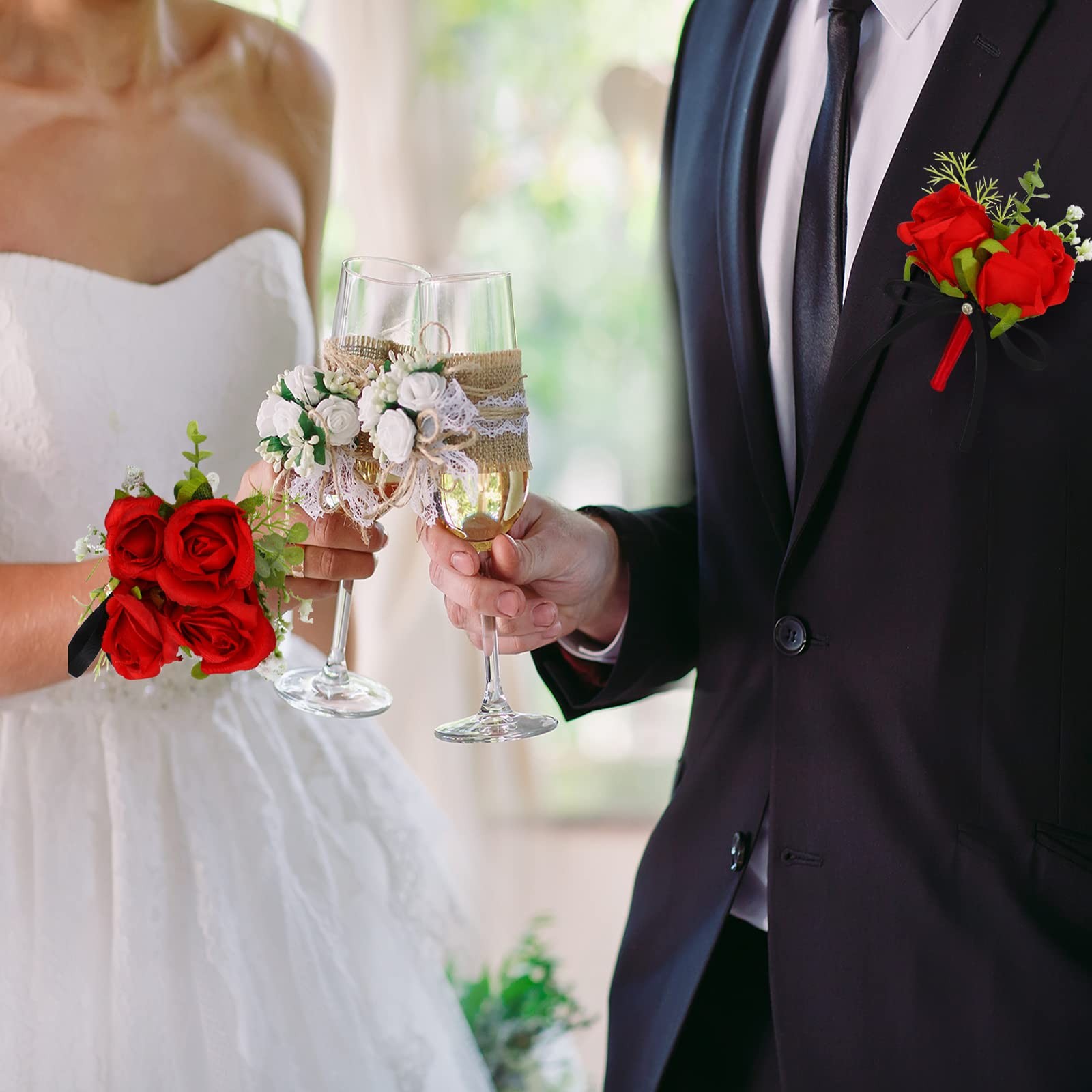 2 Pcs Boutonniere Wrist Corsage Set Artificial Rose Wine Red Corsage