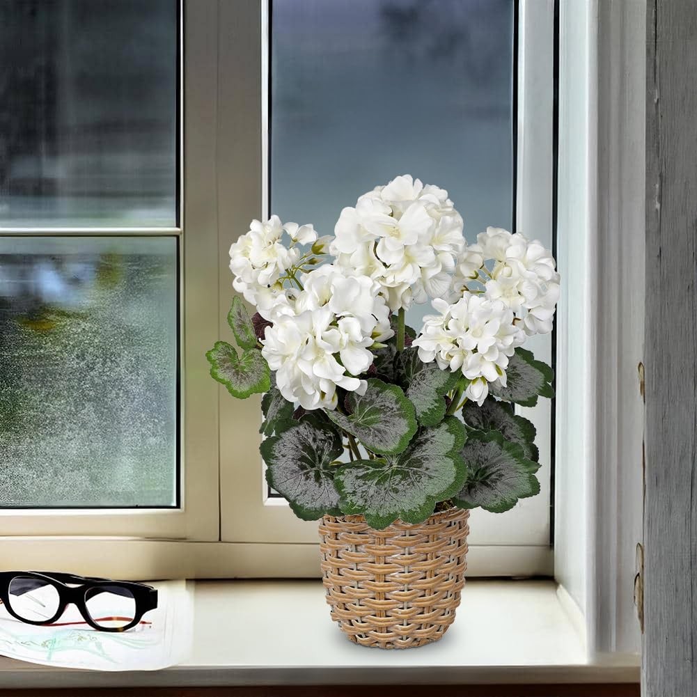 Artificial White Geranium Flowers in Woven Basket, 14.5’’ Tall Silk Flower Ar…