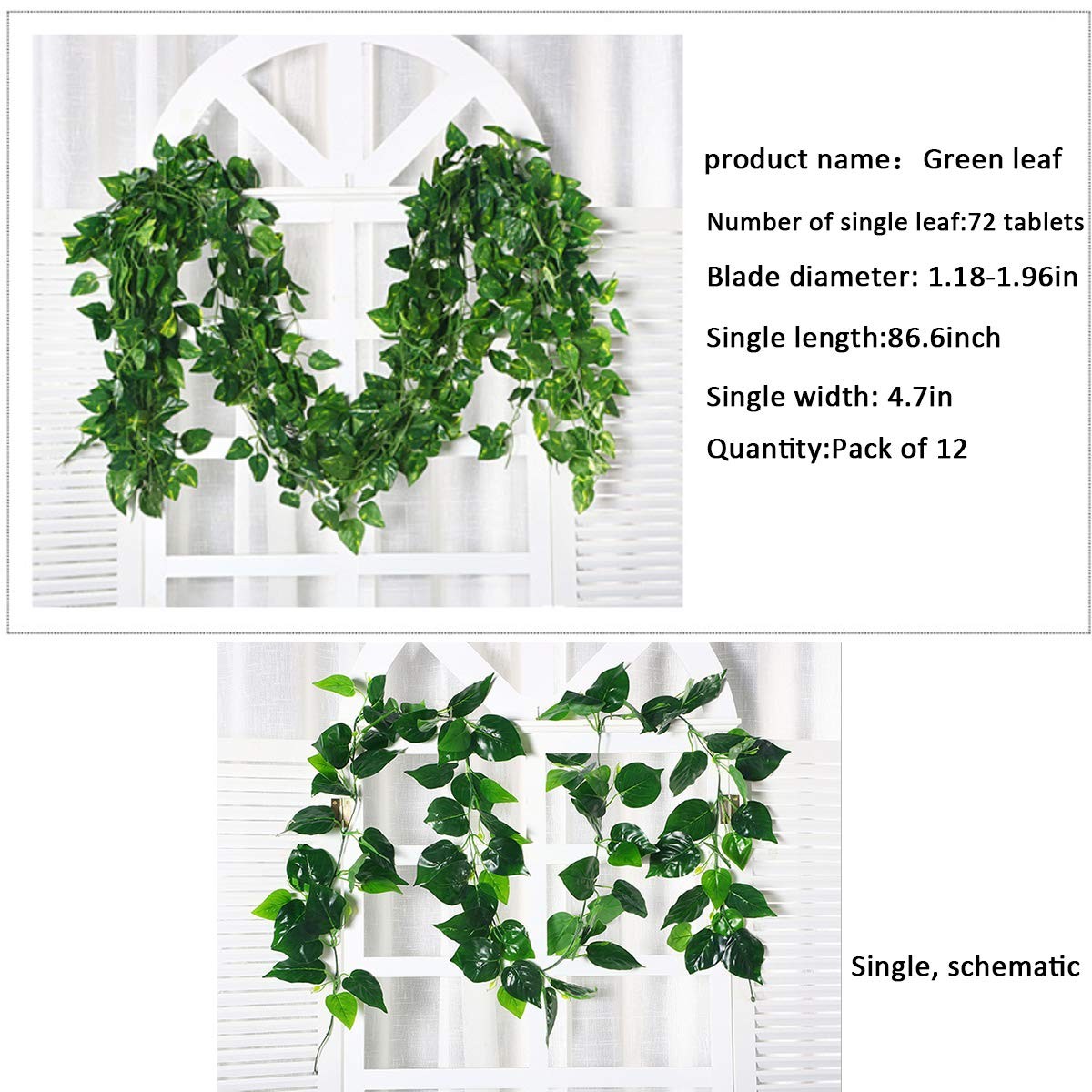 Green Vines Fake Plant Hanging Vine Leaves Wedding Wall Decor 86 Inch 12 PCS