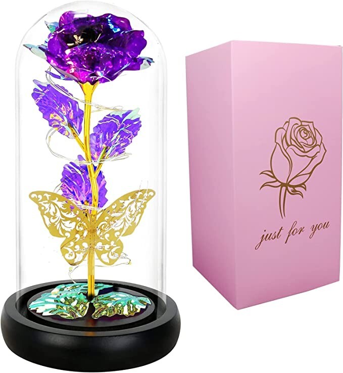 Forever Rose Gift, Enchanted Glass Rose Flower and Butterfly with LED Lights