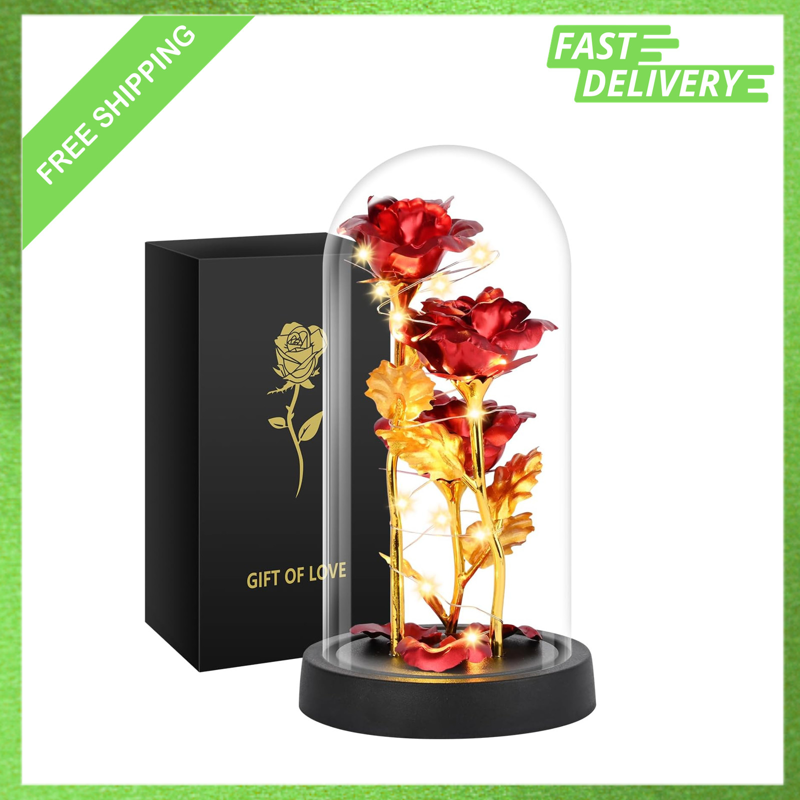 Artificial Rose Gift in Glass Dome with LED Light, Romantic Mother’s Day Gift