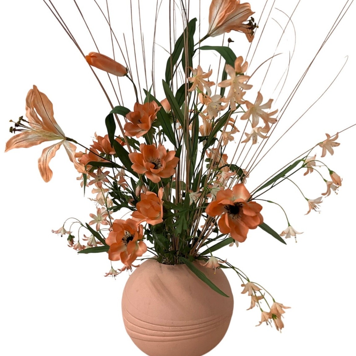 Faux Floral Arrangement Pink Round Planter Peach