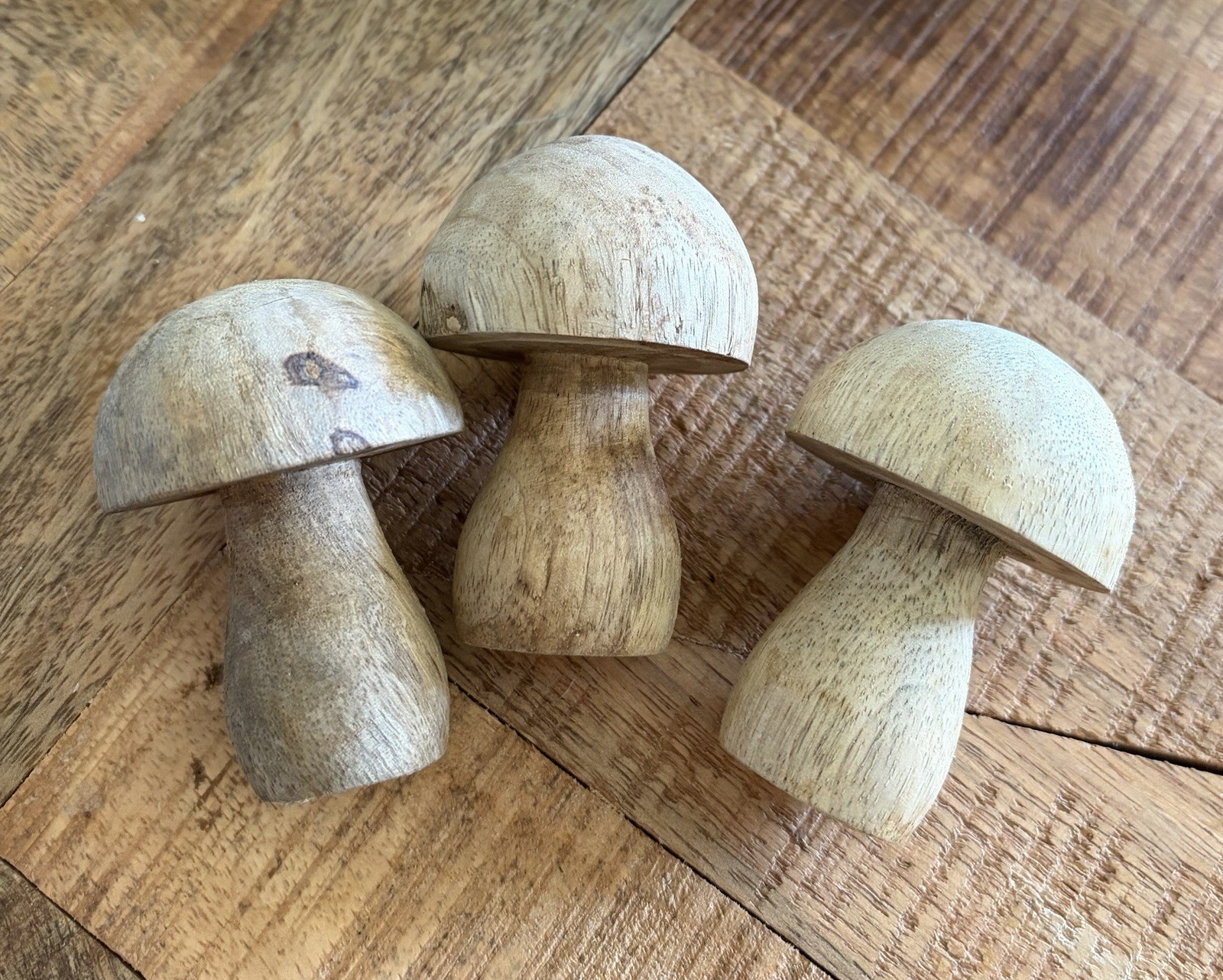 3 Hand Carved Wood Mushrooms Roughly 2.5 in Home/Shelf Decor