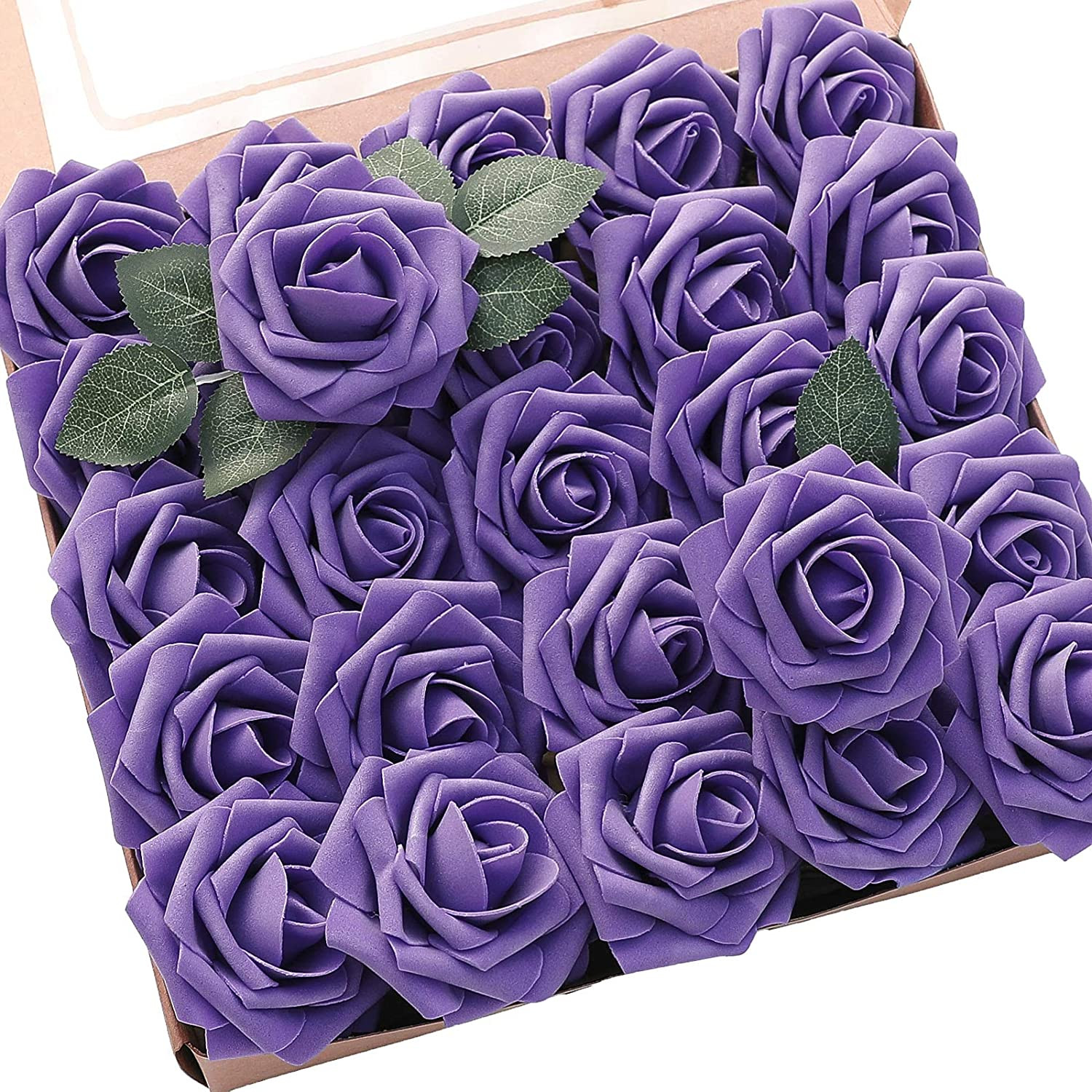 Artificial Flowers 50Pcs Real Looking Dusty Blue Foam Fake Roses with Stems for