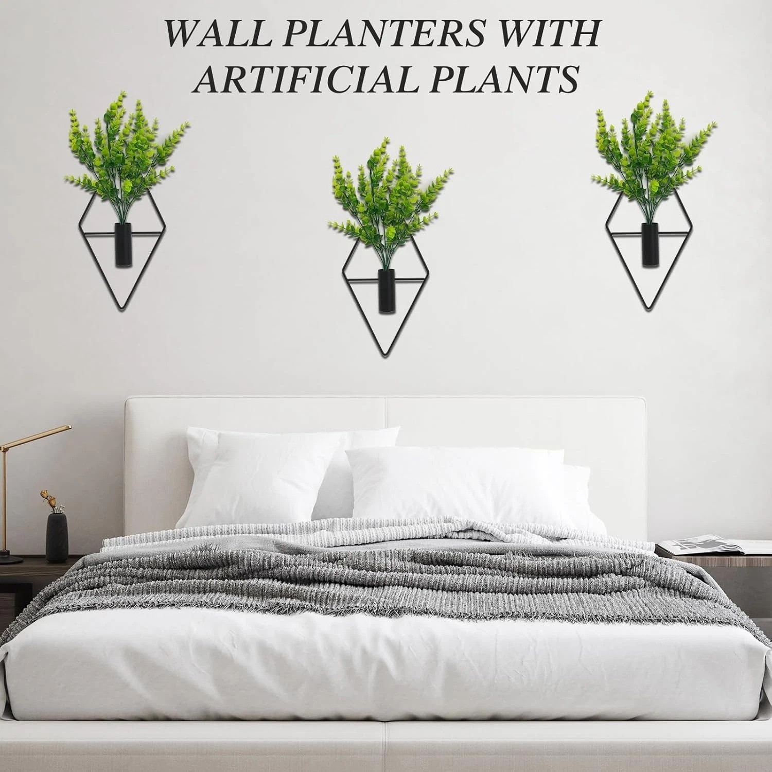Elegant 3-Piece Geometric Metal Wall Planters with Eucalyptus for Home & Office
