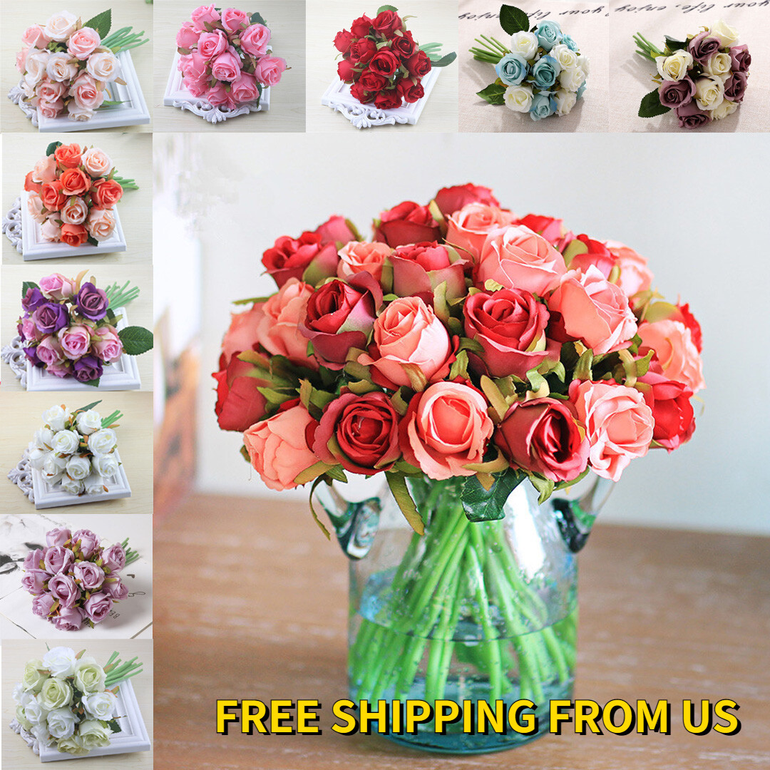 13 Color 12Head Silk Rose Flower Floral Wedding Bridal Bouquet Home Party Decora