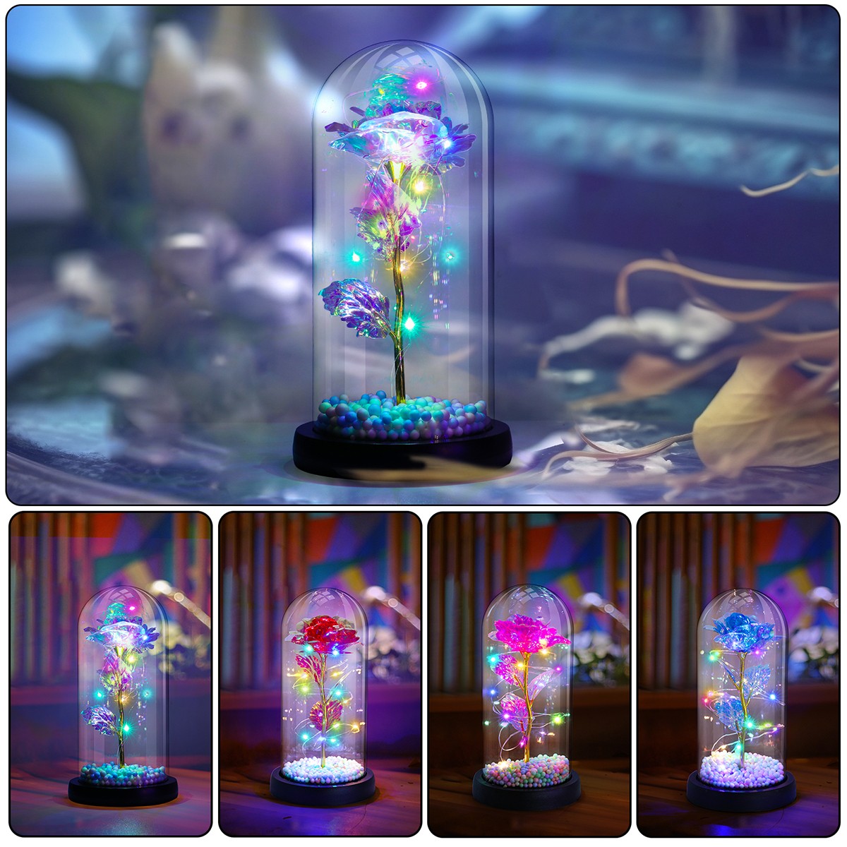 24K Gold Plated Dipped Rose Flower in glass LED Light Romantic Gift For mom Wife