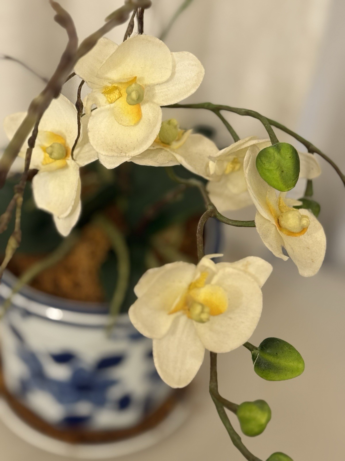 16″ Faux White Orchid Artificial Floral Arrangement Blue White Chinoiserie Pot
